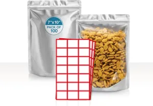 BELLE KR® 7x10 Quart Mylar Bags for Food Storage - Pack Of 100-7.5mil Thick - Gusseted Bottom - Clear Mylar Bags with See Through Window for Freeze Drying food - Labels Included