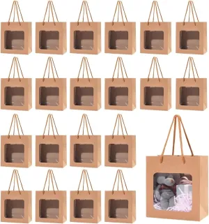 BENECREAT 50pcs Gift Bags with Transparent Window, Kraft Paper Shopping Bags with Handle for Birthday Wedding Party Florist Christmas Packing, 5.8x5.5x2.8