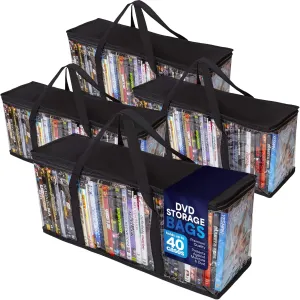 Besti Premium Quality Home DVD Storage Bags (4-Pack) Holds 160 Total Movies or Video Games, Blu-ray, | Convenient Travel Case for Media | Stackable, Easy to Carry (Black)