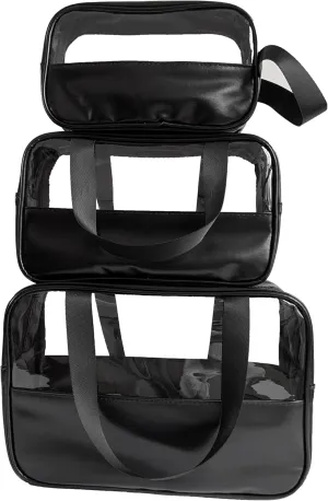 Black 3-piece transparent makeup bag, waterproof travel makeup bag for makeup and toiletry. Travel, gym, parties
