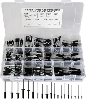 Black Pop Rivets Assortment Kit,19 Sizes 3/32" 1/8" 5/32" 3/16" 1/4" Black Rivet Set,Aluminum Blind Rivets, 250PCS Large Flange Rivets, Pop Rivet Kit with Case