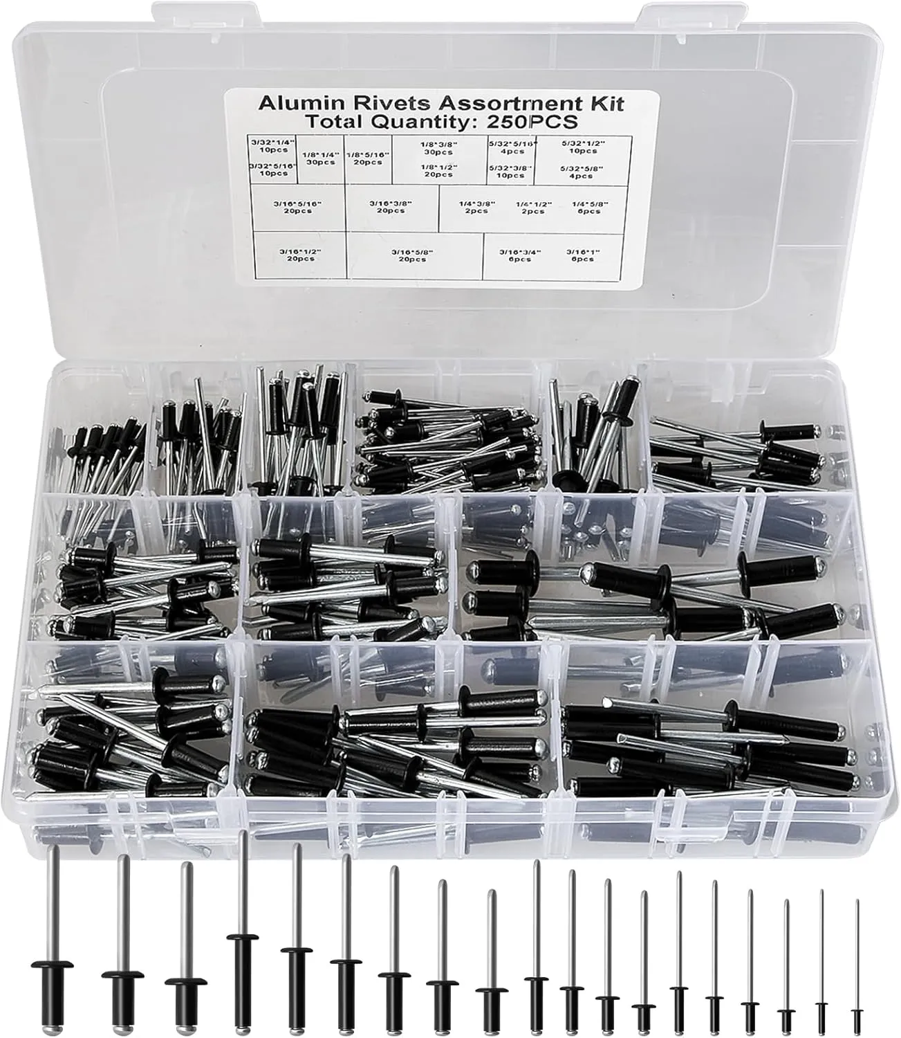 Black Pop Rivets Assortment Kit,19 Sizes 3/32" 1/8" 5/32" 3/16" 1/4" Black Rivet Set,Aluminum Blind Rivets, 250PCS Large Flange Rivets, Pop Rivet Kit with Case