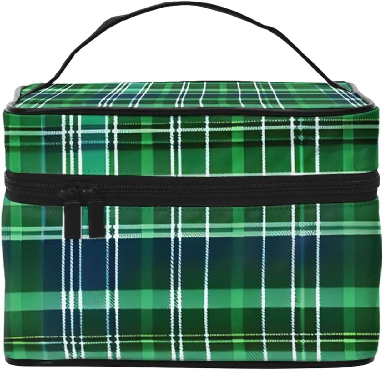 Blue and Green Scottish Tartan Print Portable Travel Makeup Case Versatile Zipper for Makeup Bag Large Capacity Polyeste
