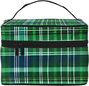 Blue and Green Scottish Tartan Print Portable Travel Makeup Case Versatile Zipper for Makeup Bag Large Capacity Polyeste