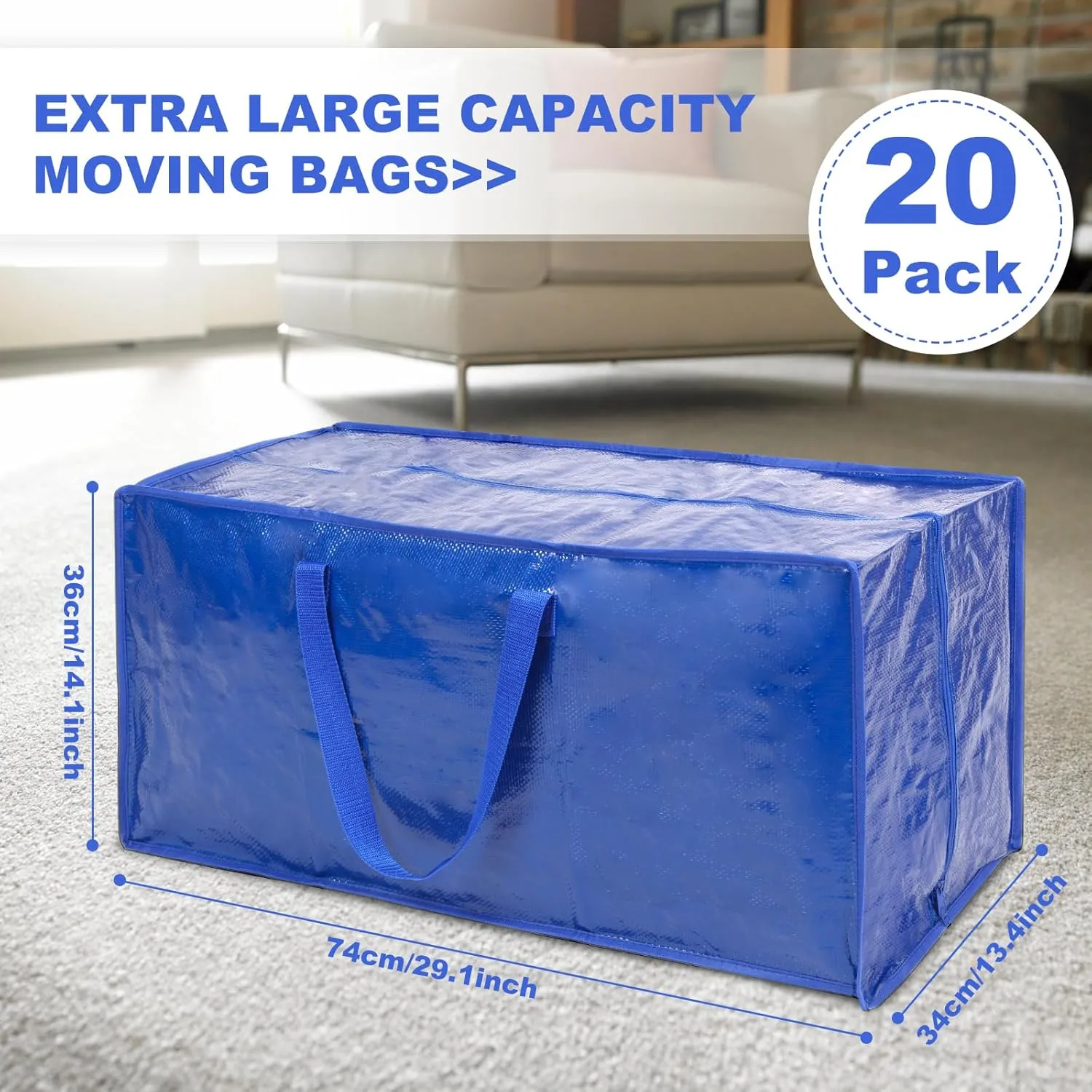 Blue Moving Bags - 20 Pack Extra Large Heavy Duty Storage Bags With Zipper & Reinforce Handles | 29x14x13 Inch Moving Tote Bags Bulk For Clothing, Shoes, Travel