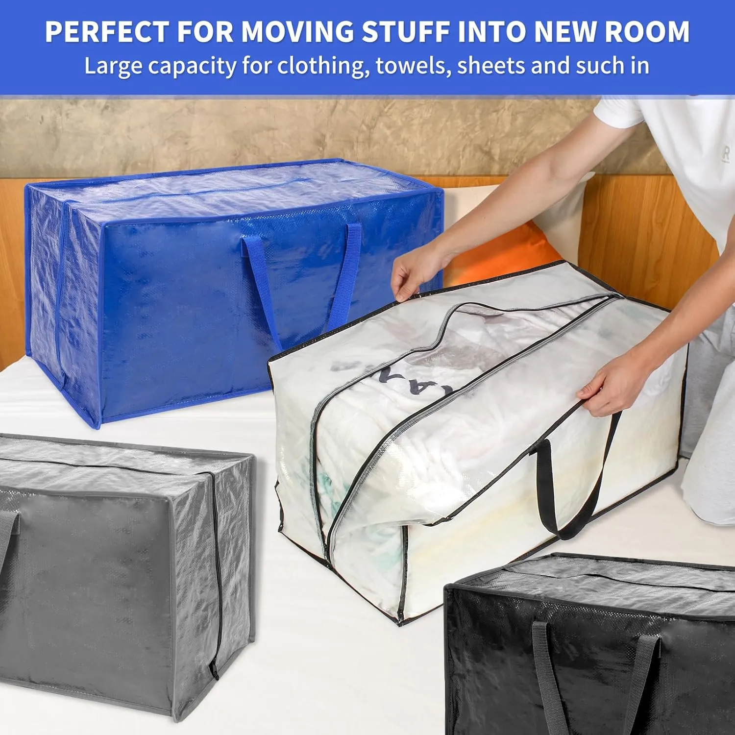 Blue Moving Bags - 20 Pack Extra Large Heavy Duty Storage Bags With Zipper & Reinforce Handles | 29x14x13 Inch Moving Tote Bags Bulk For Clothing, Shoes, Travel