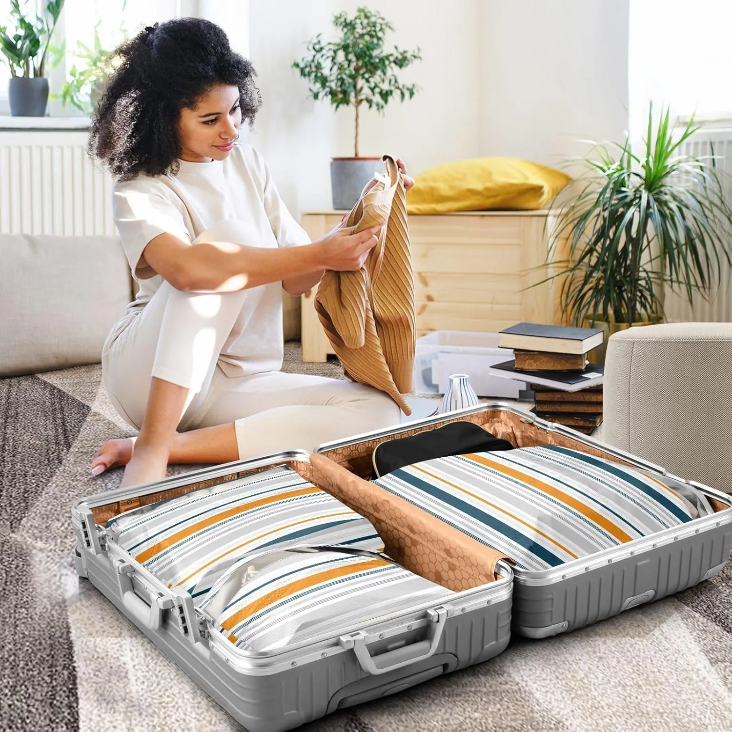Blue Orange Gray Stripes 3 Set Travel Packing Cubes For Suitcases, Foldable, Garment Bag Closet Storage, Luggage Space Saver, Luggages Management Personnel
