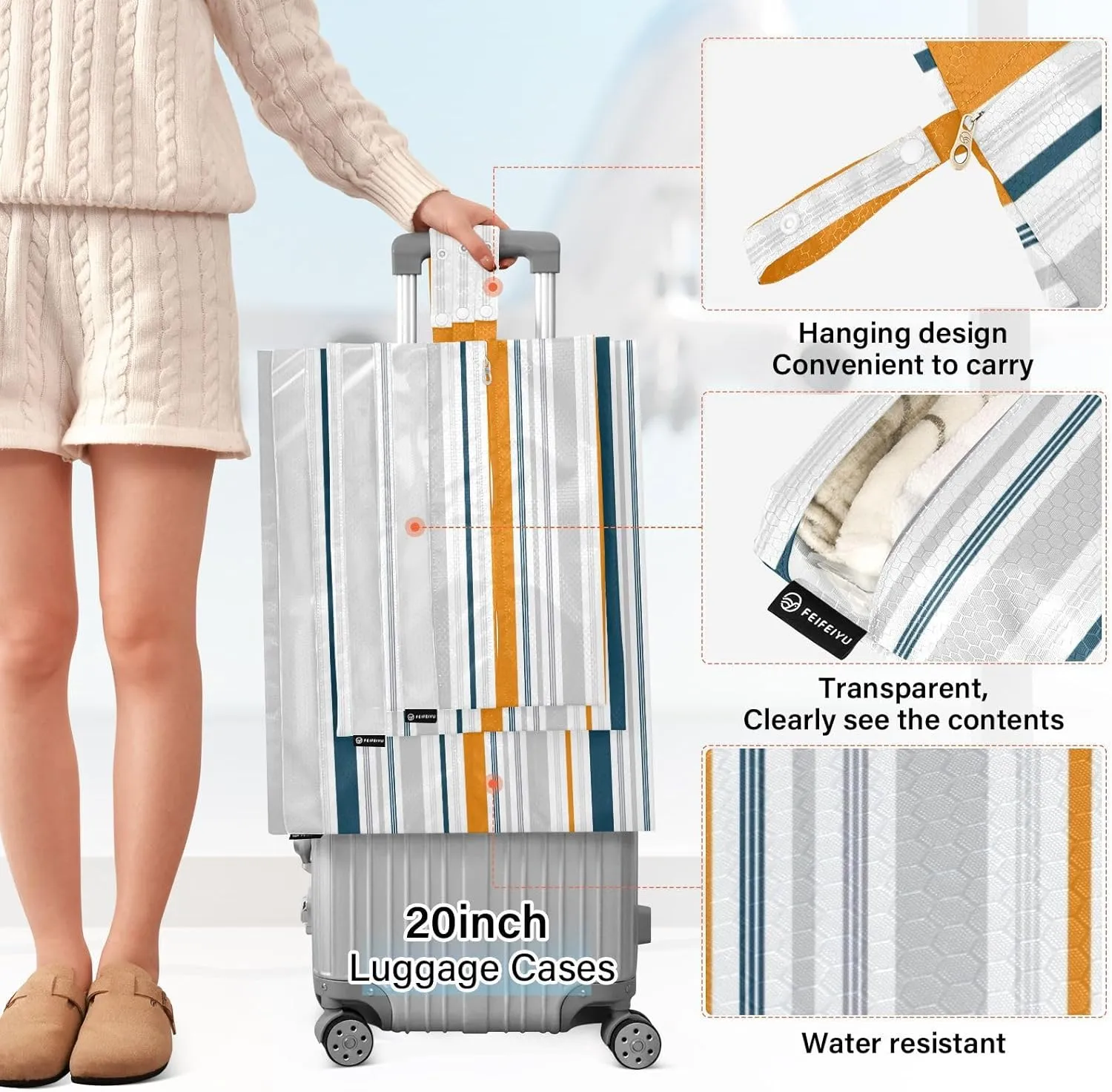 Blue Orange Gray Stripes 3 Set Travel Packing Cubes For Suitcases, Foldable, Garment Bag Closet Storage, Luggage Space Saver, Luggages Management Personnel