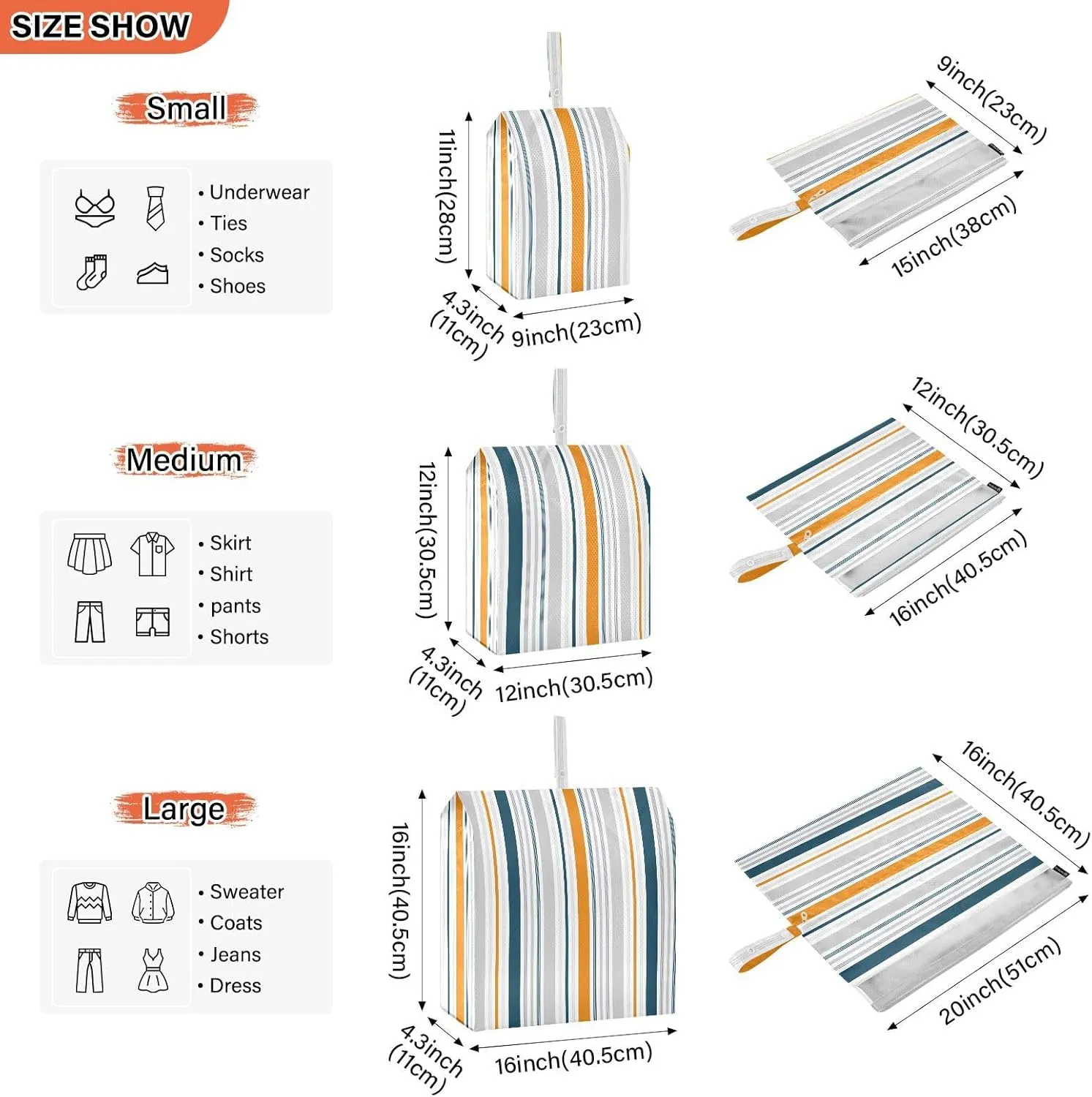 Blue Orange Gray Stripes 3 Set Travel Packing Cubes For Suitcases, Foldable, Garment Bag Closet Storage, Luggage Space Saver, Luggages Management Personnel