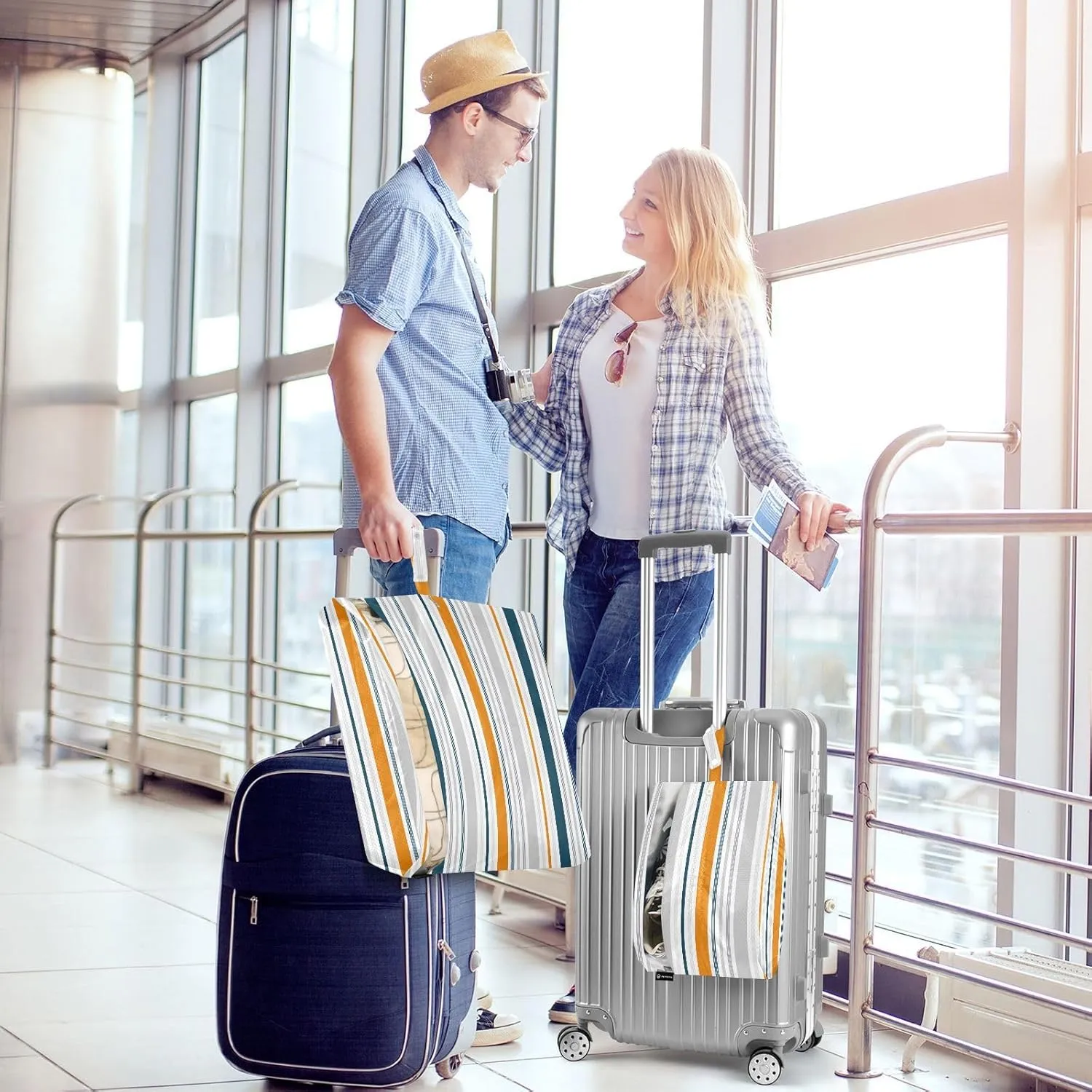 Blue Orange Gray Stripes 3 Set Travel Packing Cubes For Suitcases, Foldable, Garment Bag Closet Storage, Luggage Space Saver, Luggages Management Personnel