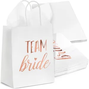 BLUE PANDA 15-Pack Team Bride Gift Bags with White Tissue Paper for Bridesmaid Proposal, Bridal Shower, Wedding Party Favor Bags with Handles, (Rose Gold Foil, White, 8x4x9 in)