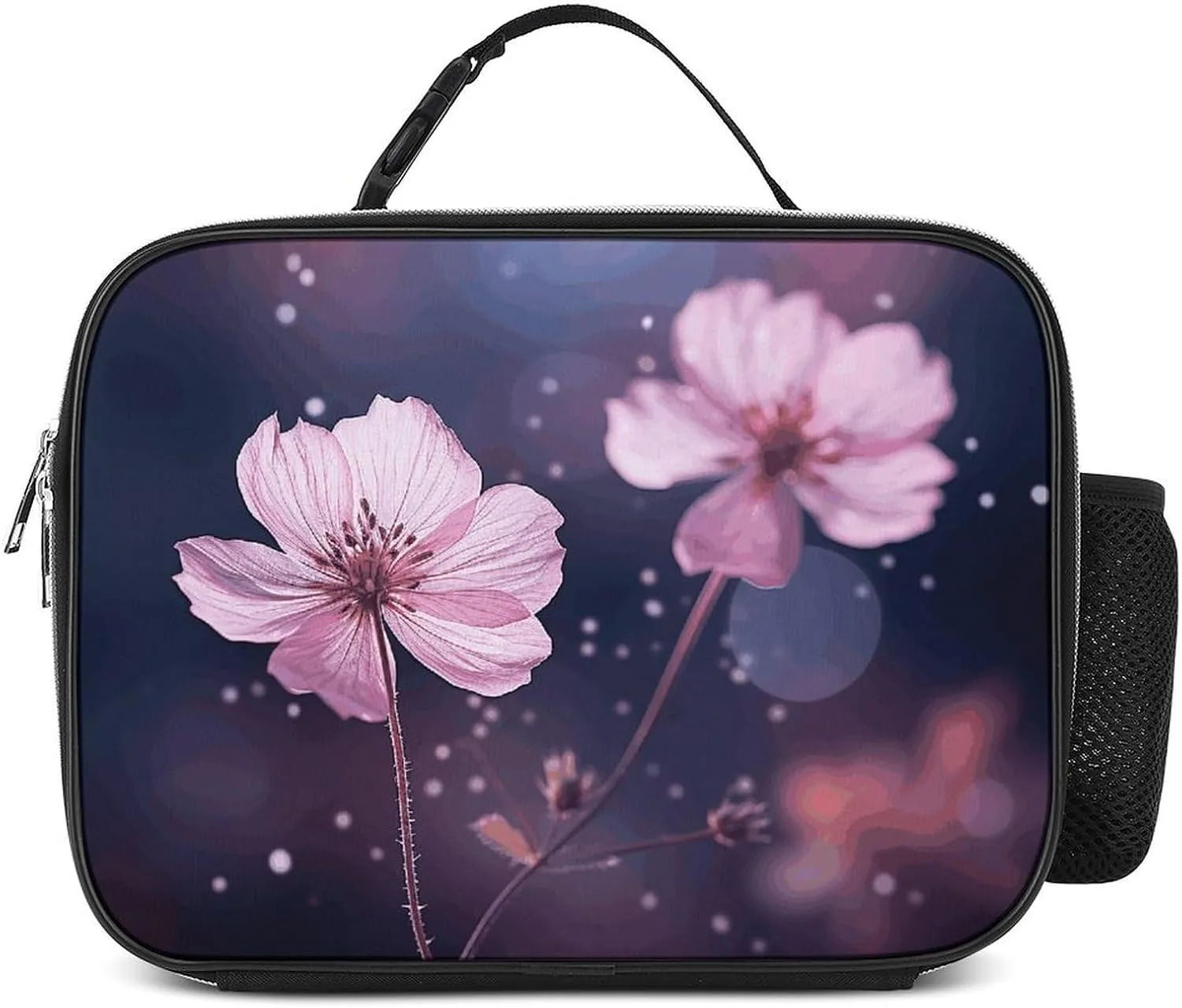 Blurred Two Flowers Lunch Bag Insulated Reusable Cooler Lunch Box Detachable Handle Meal Tote Bag for Work Office Travel