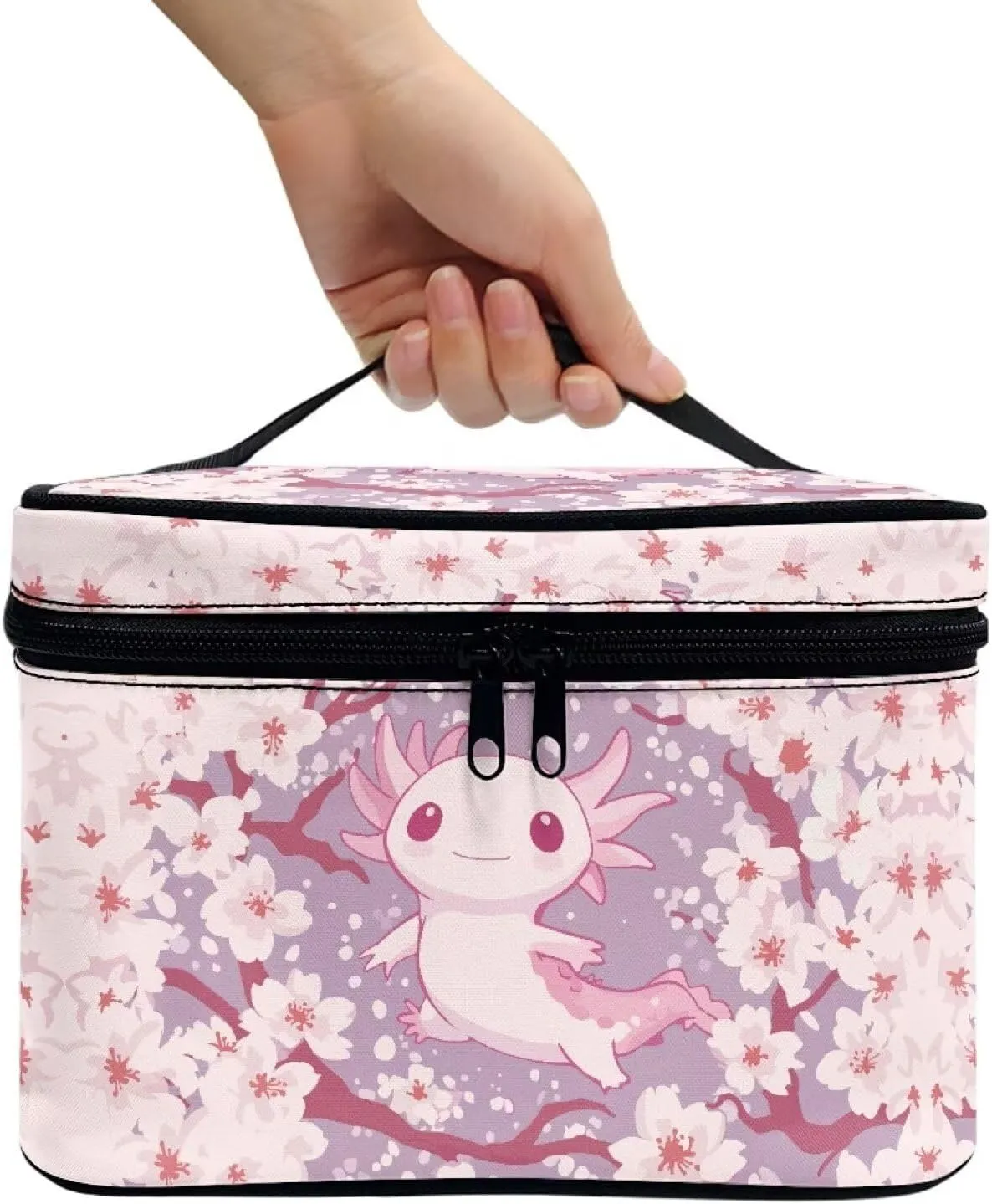 Boatee Axolotl Cherry Blossom Cosmetic Bag Cute Purse Large Portable Makeup Organizer Lightweight Vanity Case Makeup Bag for Travel Toiletry Bags Pink