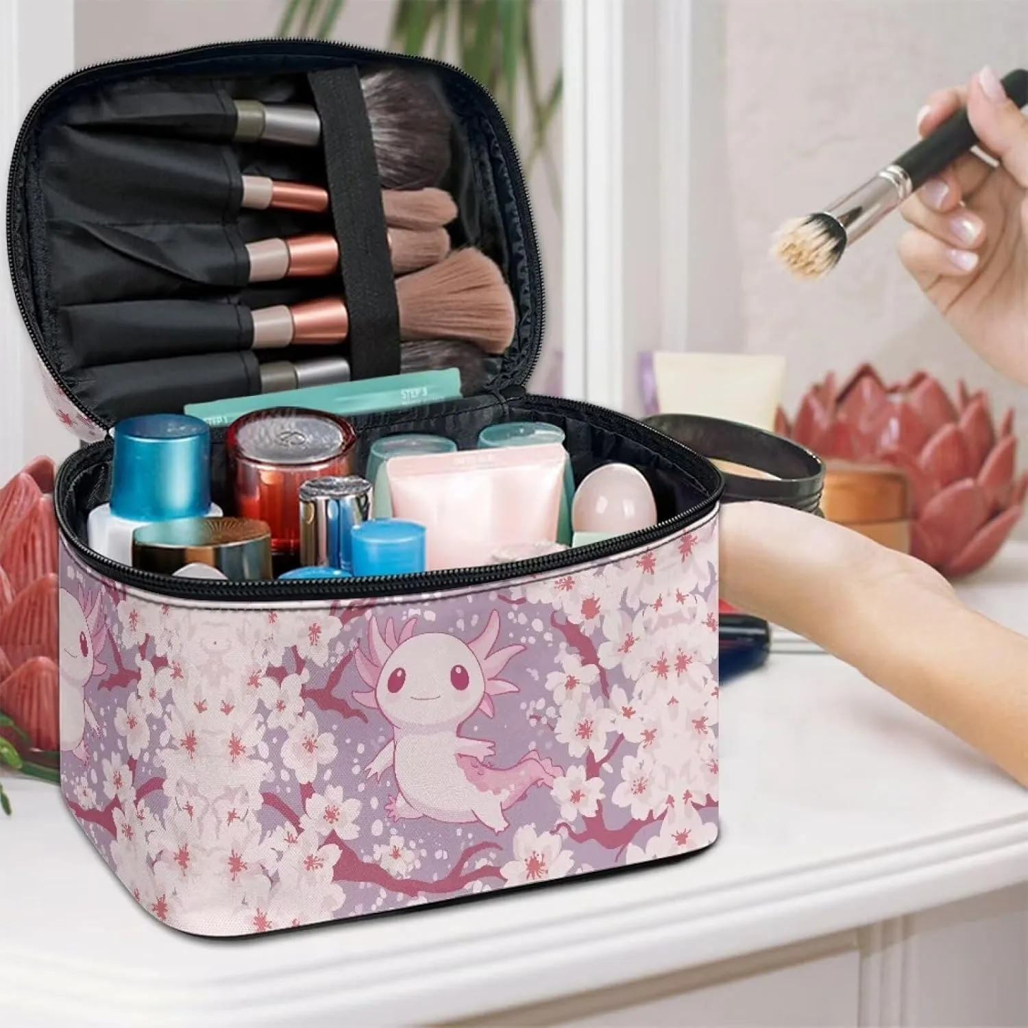 Boatee Axolotl Cherry Blossom Cosmetic Bag Cute Purse Large Portable Makeup Organizer Lightweight Vanity Case Makeup Bag for Travel Toiletry Bags Pink