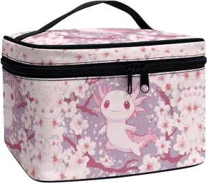 Boatee Axolotl Cherry Blossom Cosmetic Bag Cute Purse Large Portable Makeup Organizer Lightweight Vanity Case Makeup Bag for Travel Toiletry Bags Pink