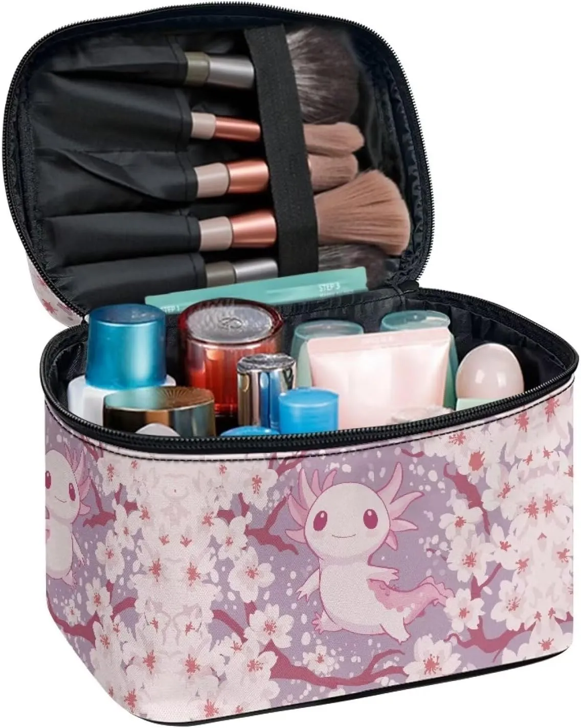 Boatee Axolotl Cherry Blossom Cosmetic Bag Cute Purse Large Portable Makeup Organizer Lightweight Vanity Case Makeup Bag for Travel Toiletry Bags Pink