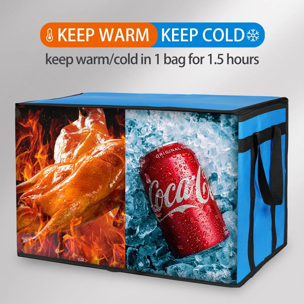 Bodaon Insulated Food Delivery Bag for Hot and Cold Meal, XXX-Large, Grocery Tote Insulation Bag for Catering, Pizza Warmer, Blue, 1-Pack
