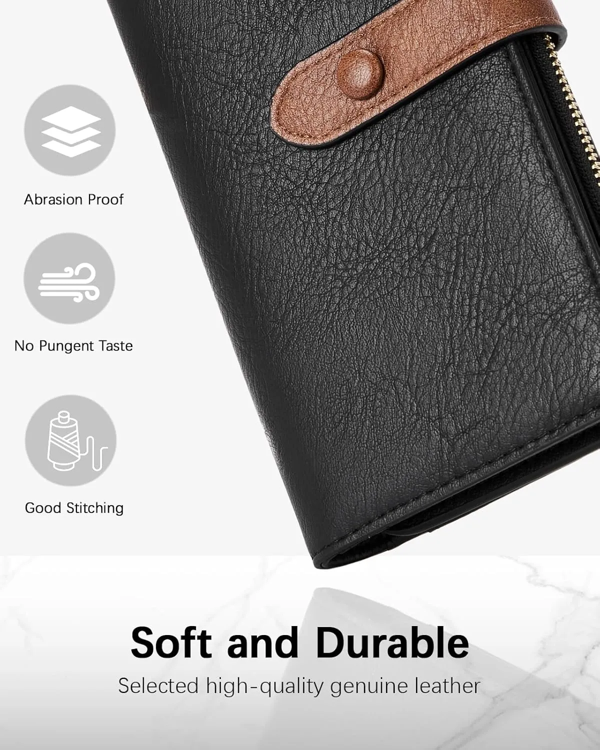 BOSTANTEN Womens Leather Wallets RFID Blocking Large Capacity Trifold Card Holder Ladies Phone Clutch Black＆Brown