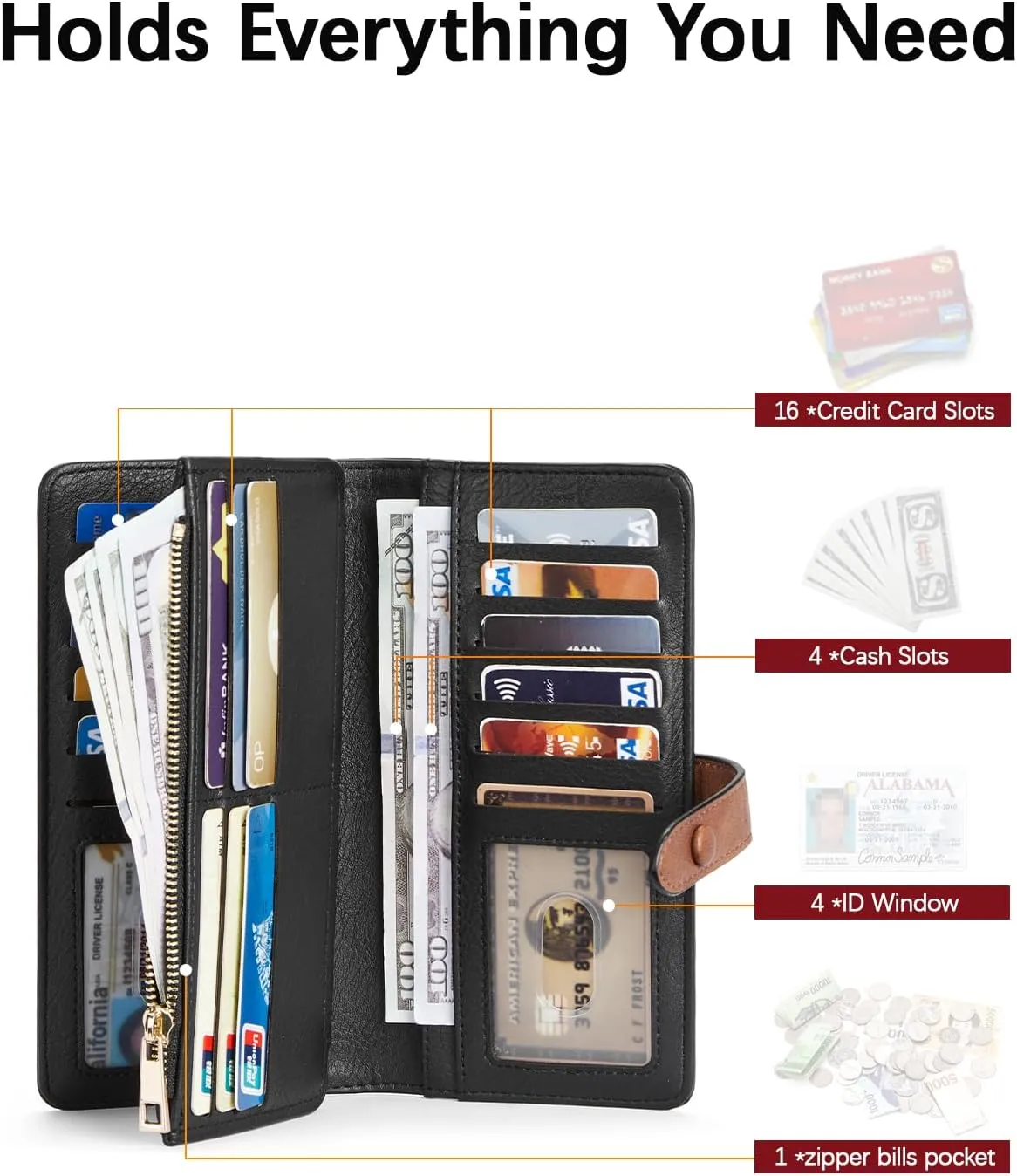 BOSTANTEN Womens Leather Wallets RFID Blocking Large Capacity Trifold Card Holder Ladies Phone Clutch Black＆Brown
