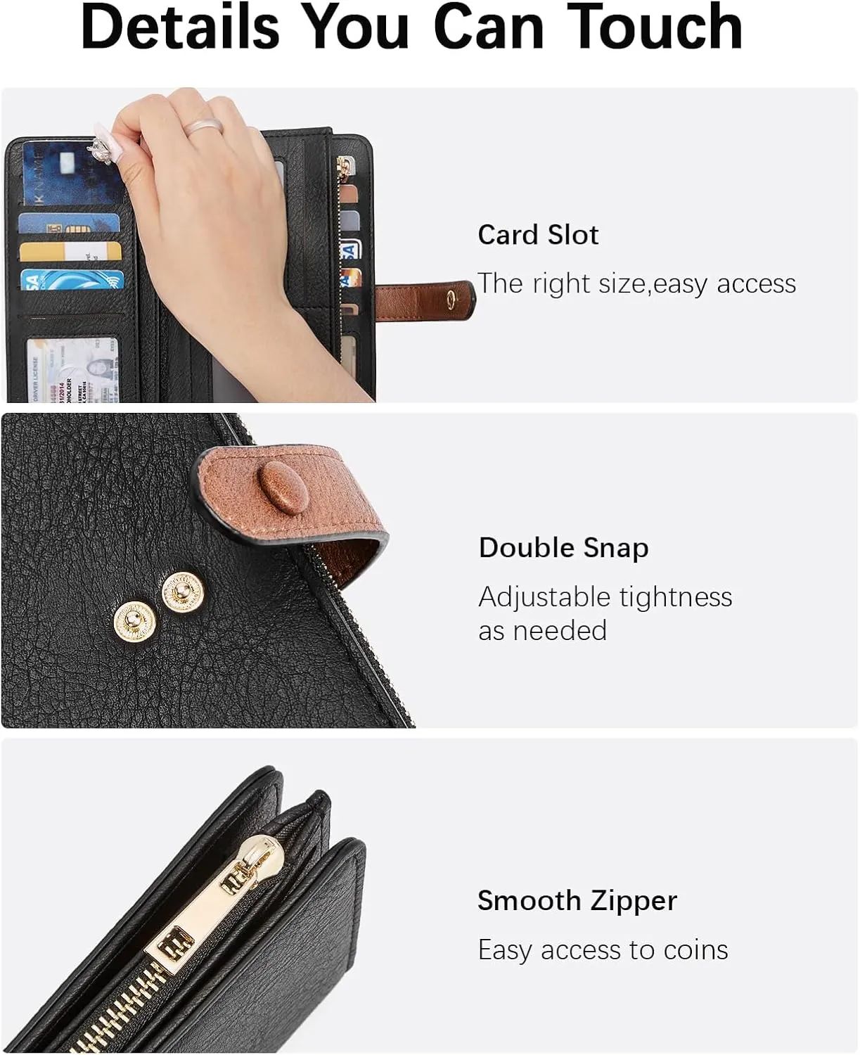 BOSTANTEN Womens Leather Wallets RFID Blocking Large Capacity Trifold Card Holder Ladies Phone Clutch Black＆Brown
