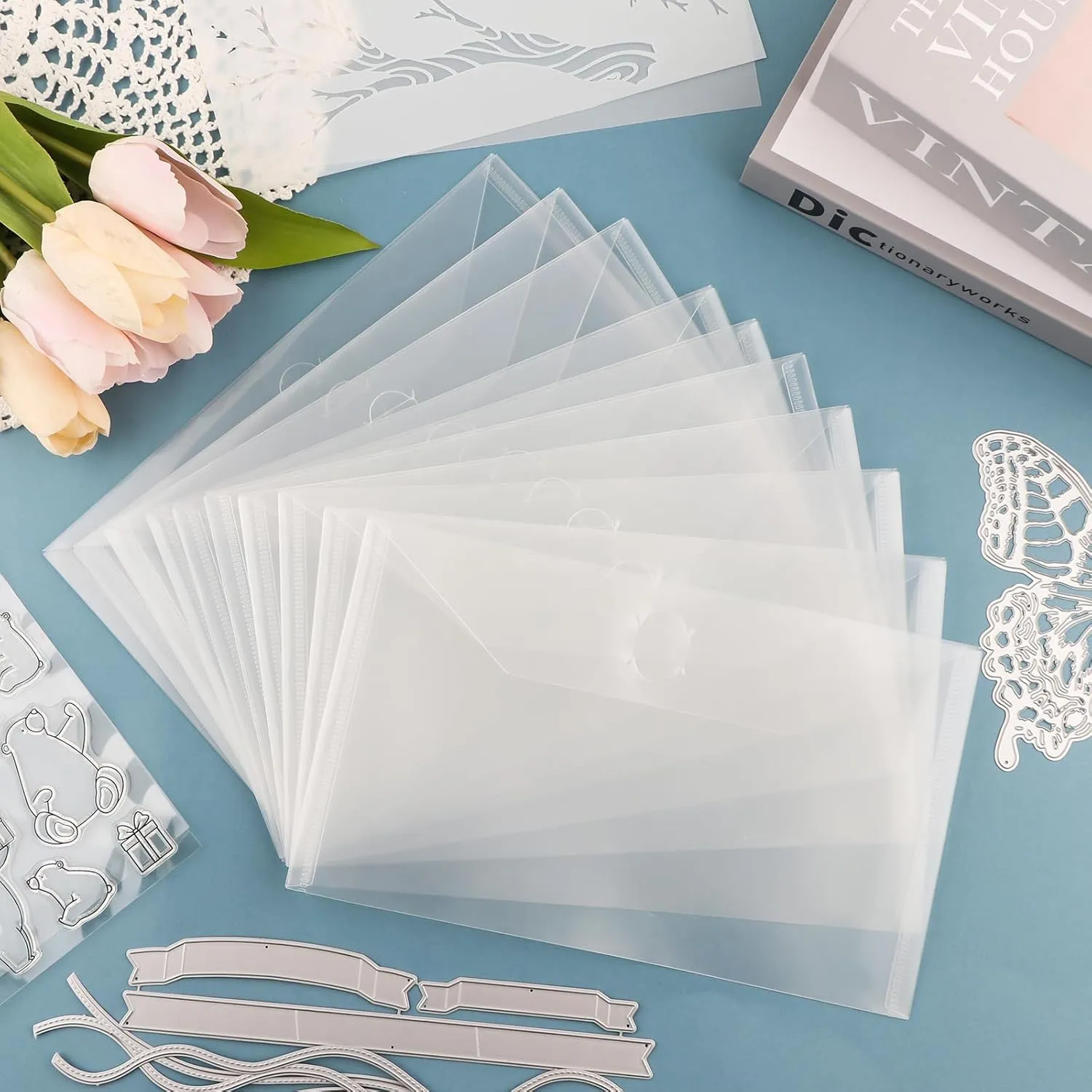 Briartw 80 Pack 9.8x5.9" Slimline Storage Envelopes, Resealable Plastic Envelopes Pockets for Cutting Dies Stencil Crafts Organizer Holder,Storage Bag for Clear Stamp,Die Cuts,Scrapbook Paper,Photos