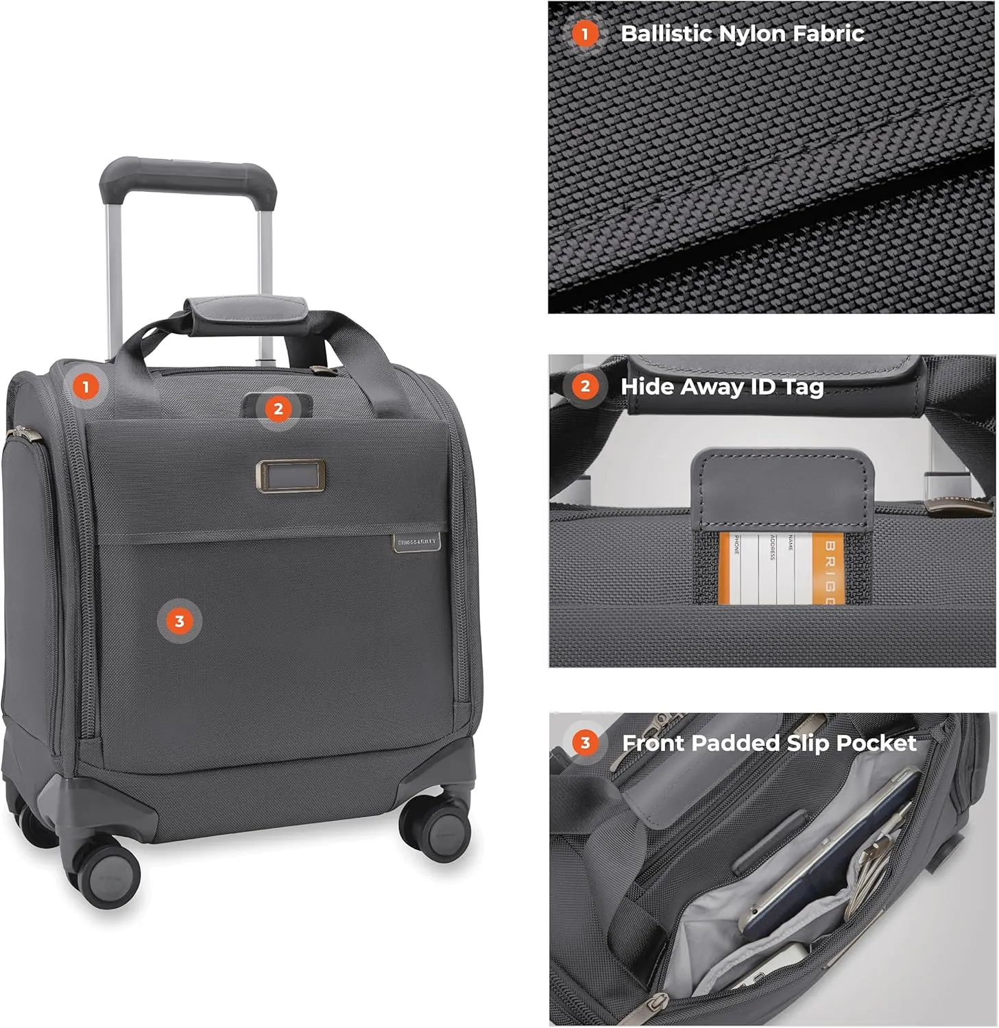 Briggs & Riley Cabin Spinner - Carry On Luggage for Travel, Suitcases with Wheels, Softside Rolling Bag for Men & Women, Fits Under Plane Seat, Interlocking Handle - Baseline Collection, Steel Gray