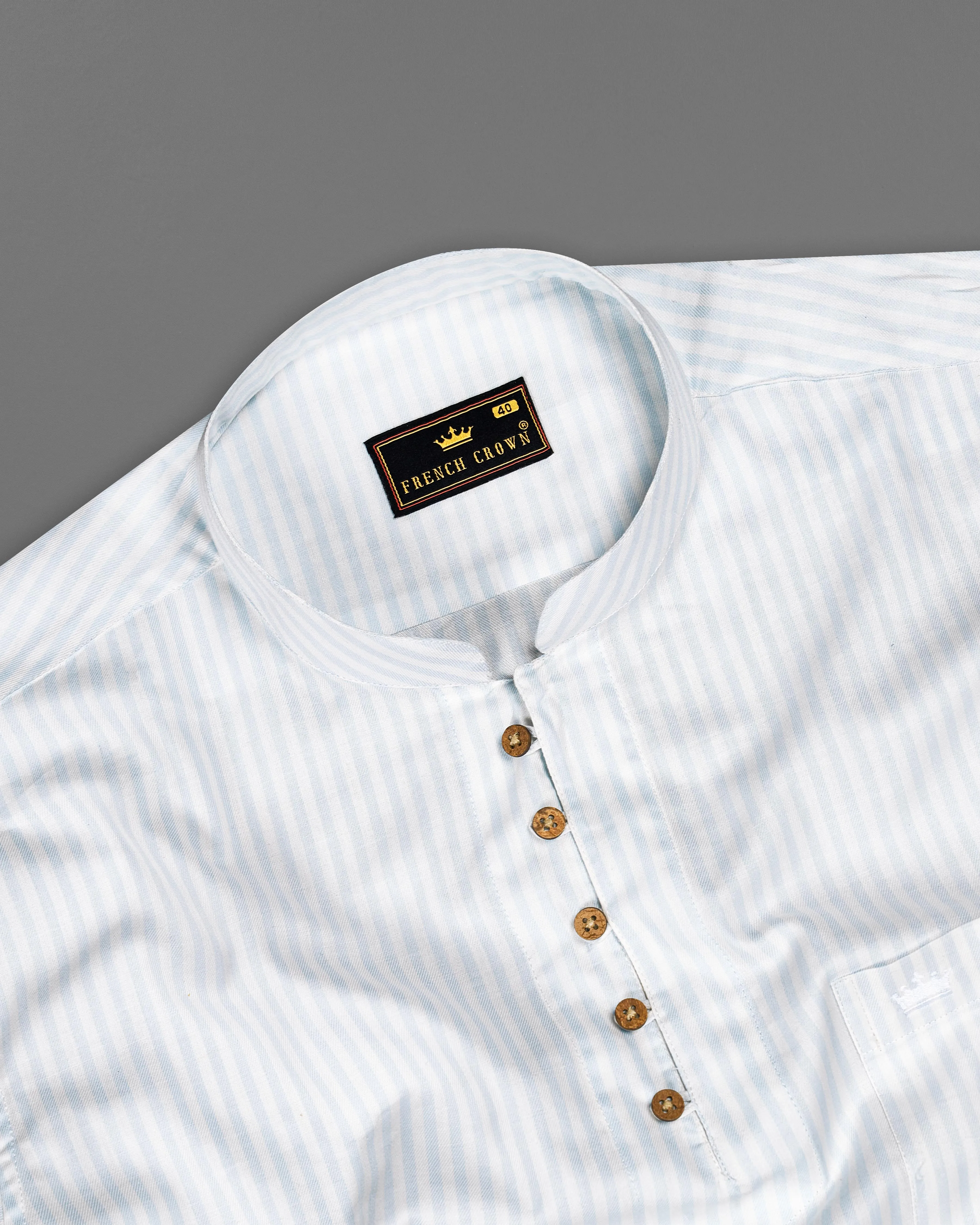 Bright White with Geyser Blue Twill Striped Premium Cotton Kurta Shirt