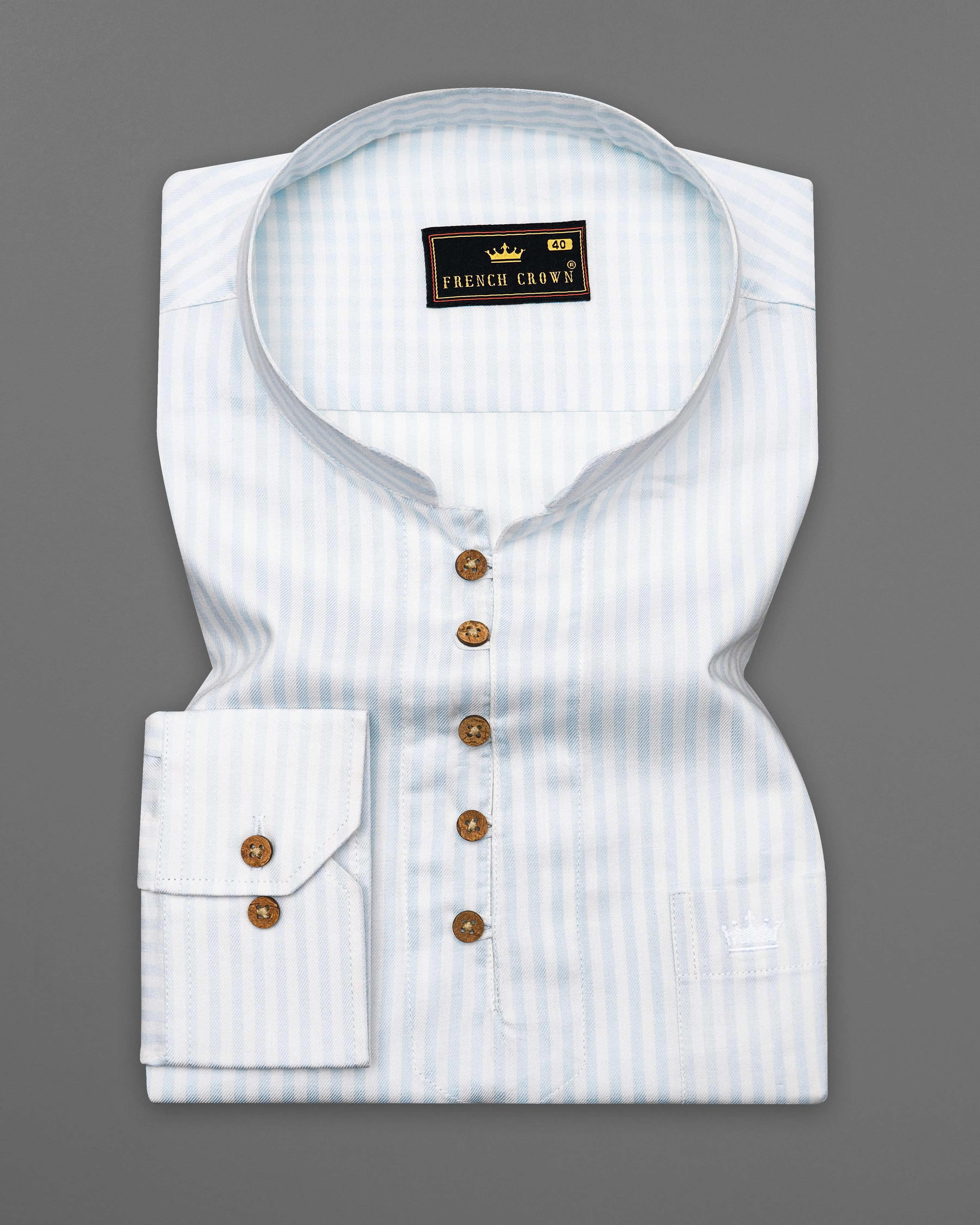 Bright White with Geyser Blue Twill Striped Premium Cotton Kurta Shirt