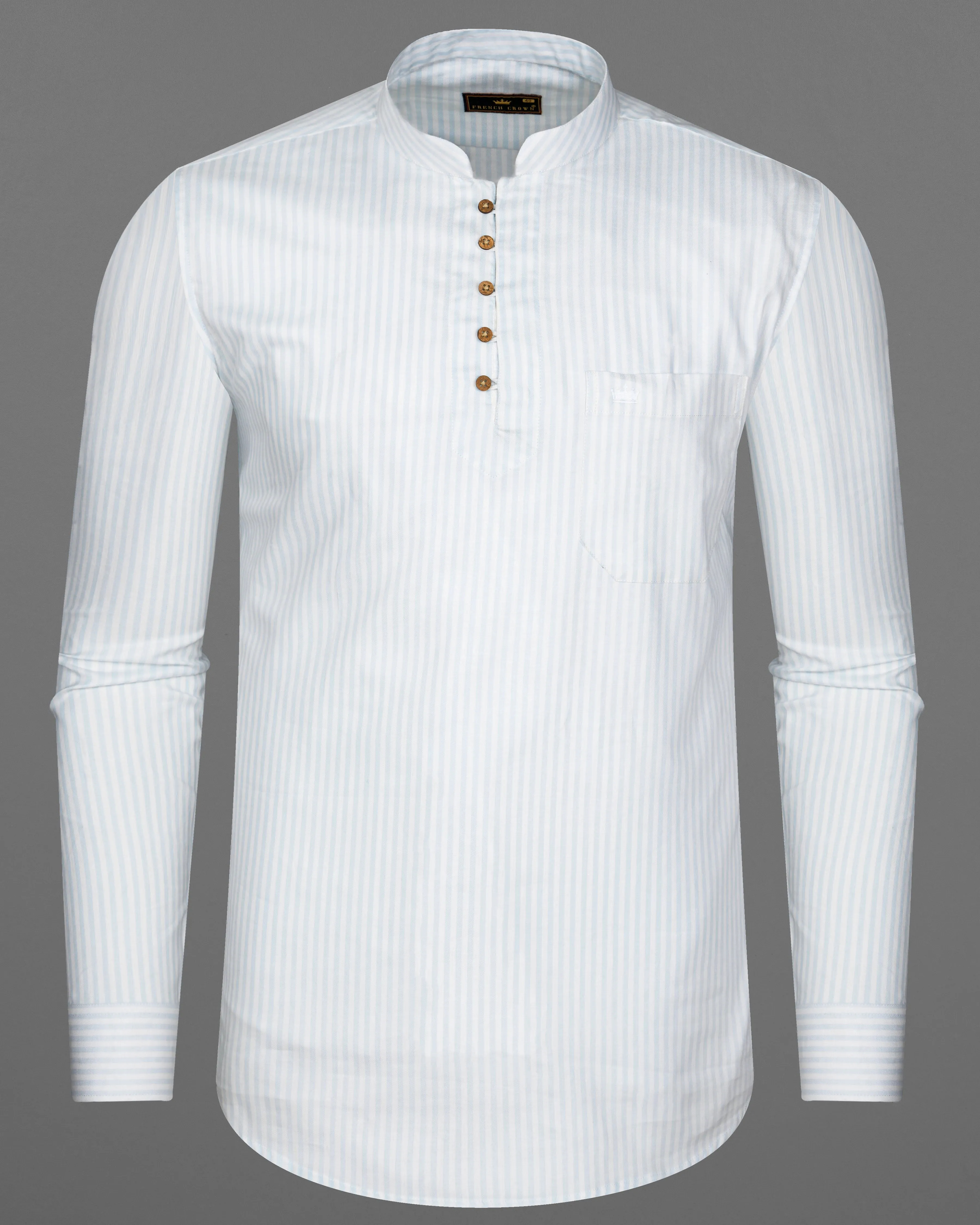 Bright White with Geyser Blue Twill Striped Premium Cotton Kurta Shirt