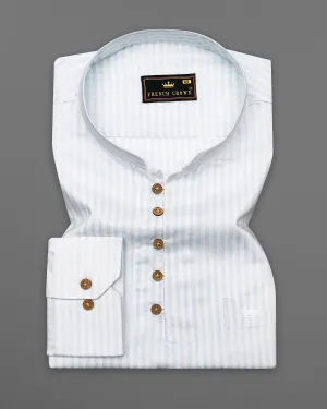 Bright White with Geyser Blue Twill Striped Premium Cotton Kurta Shirt
