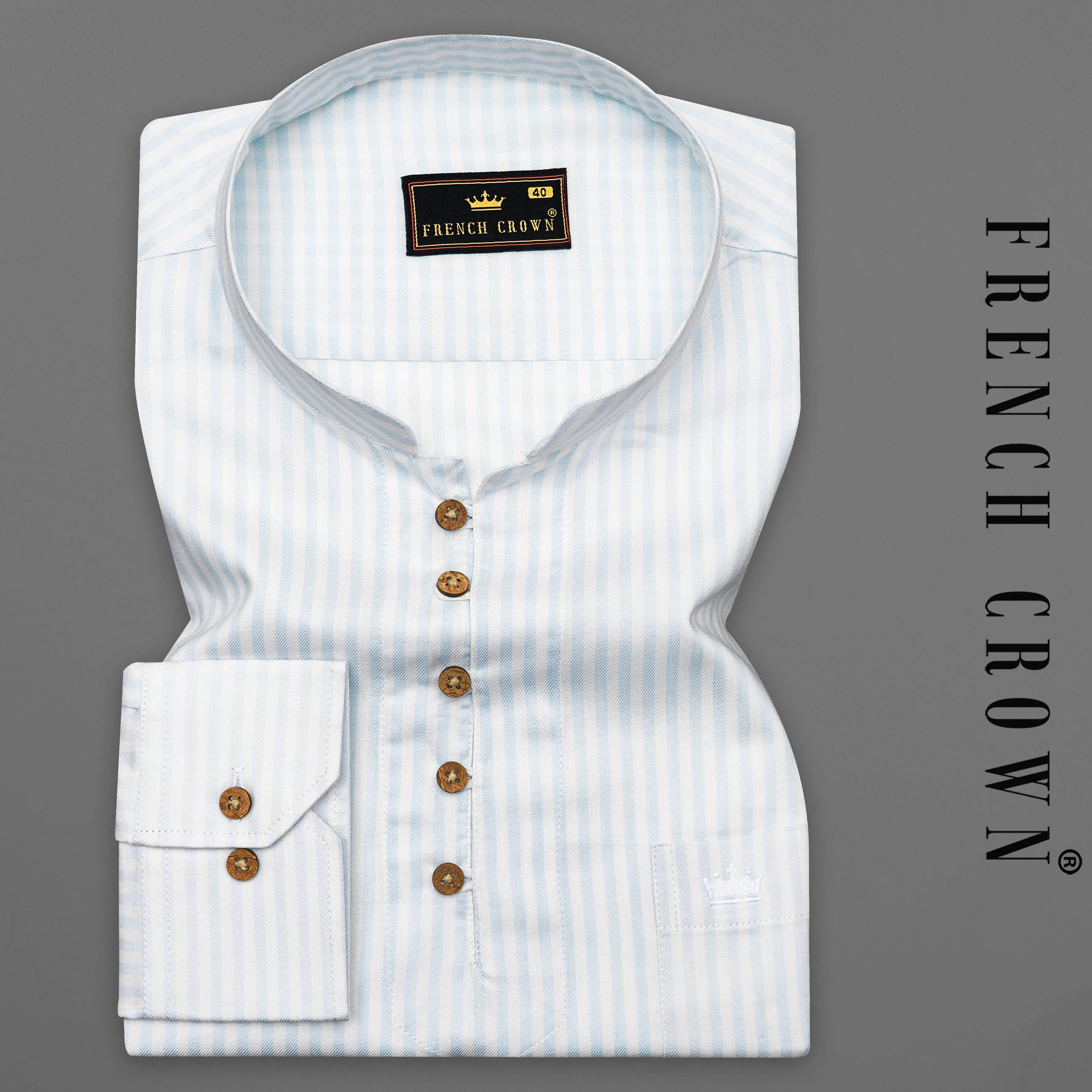 Bright White with Geyser Blue Twill Striped Premium Cotton Kurta Shirt