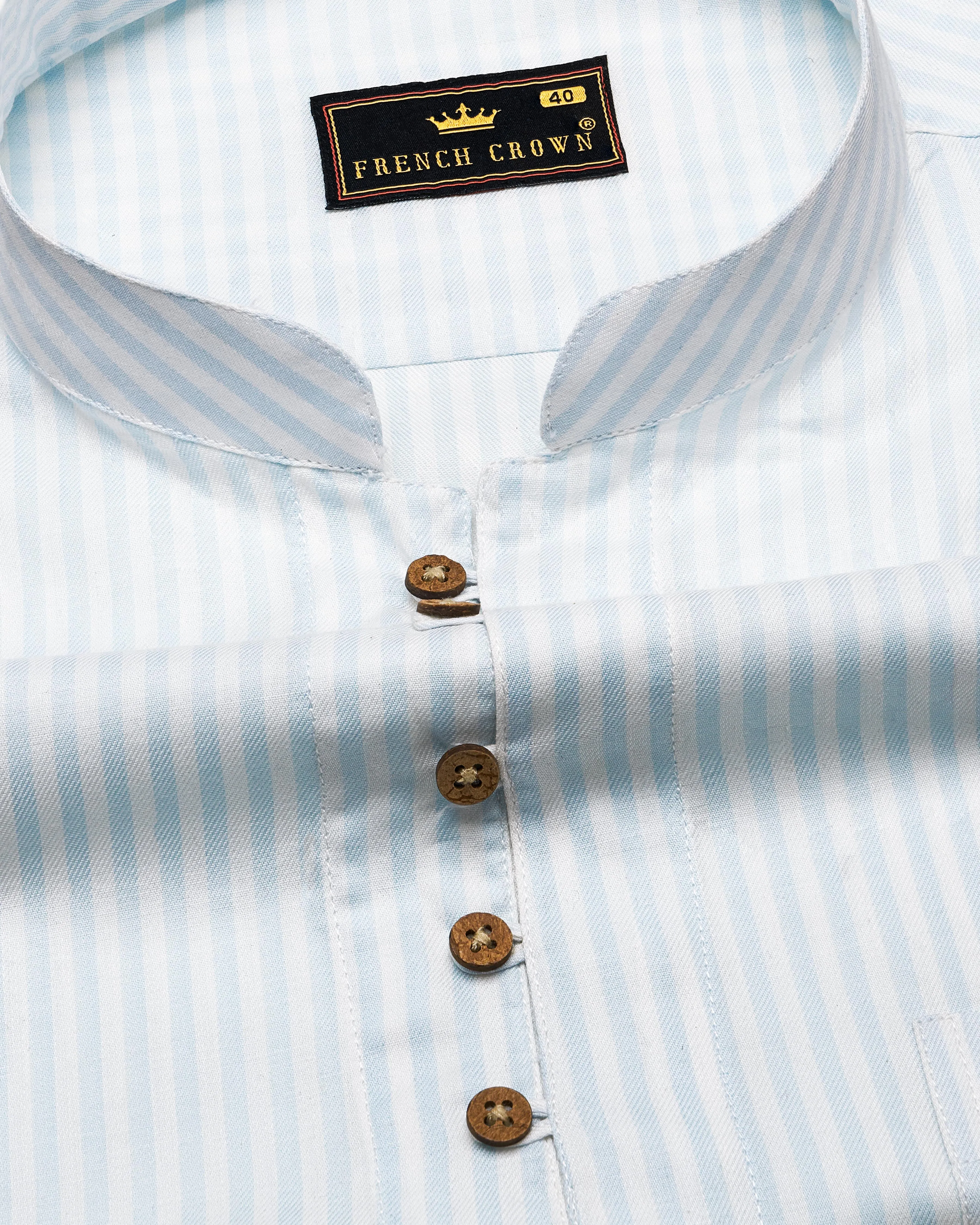 Bright White with Geyser Blue Twill Striped Premium Cotton Kurta Shirt