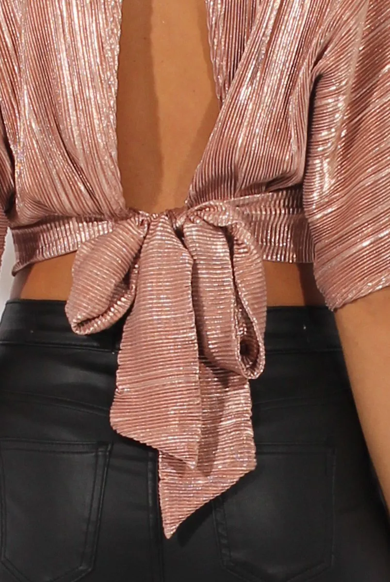 Bronze Metallic Mariah - Pleated Back Open Crop Refined Top Early access