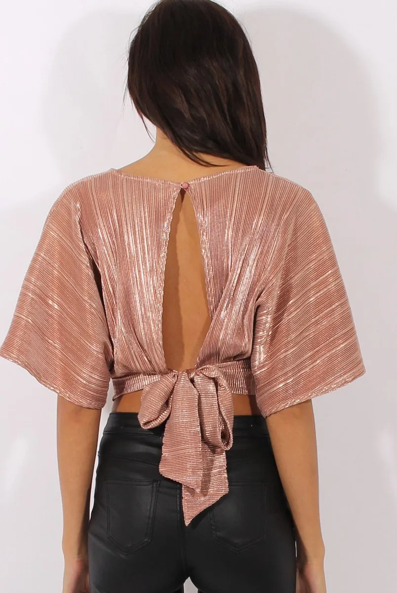 Bronze Metallic Mariah - Pleated Back Open Crop Refined Top Early access