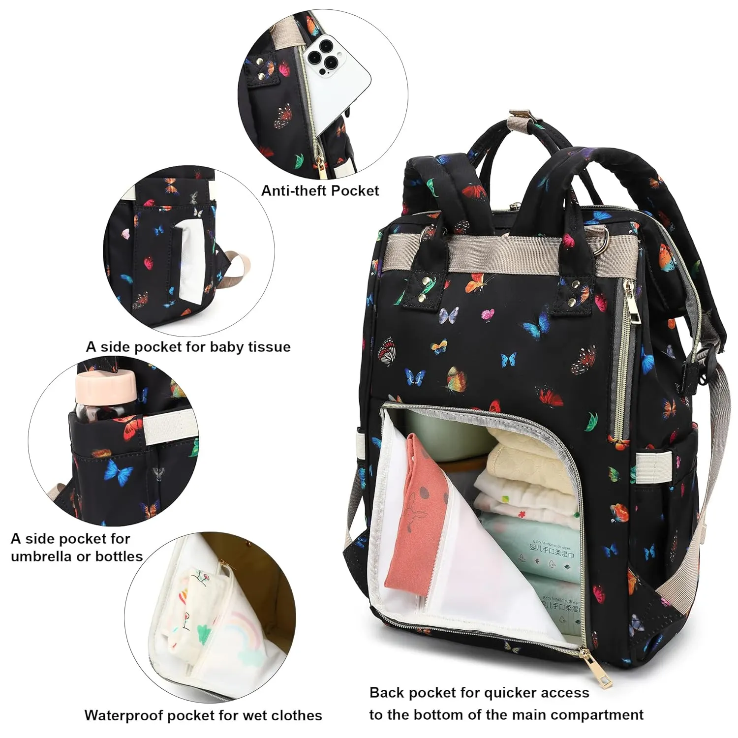 Butterfly Diaper Bag Backpack for Baby Girls, Mom Waterproof Large Nappy Bags for Women
