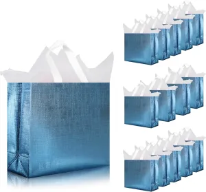 cabzymx 16 Pcs Blue Reusable Gift Bags, Metallic Bling Design Holiday Gift Bags with Handles & Bases, Non-woven Goodie Bag Bulk for Birthday, Wedding, Parties, Graduation- 12.6x4.7x11 In