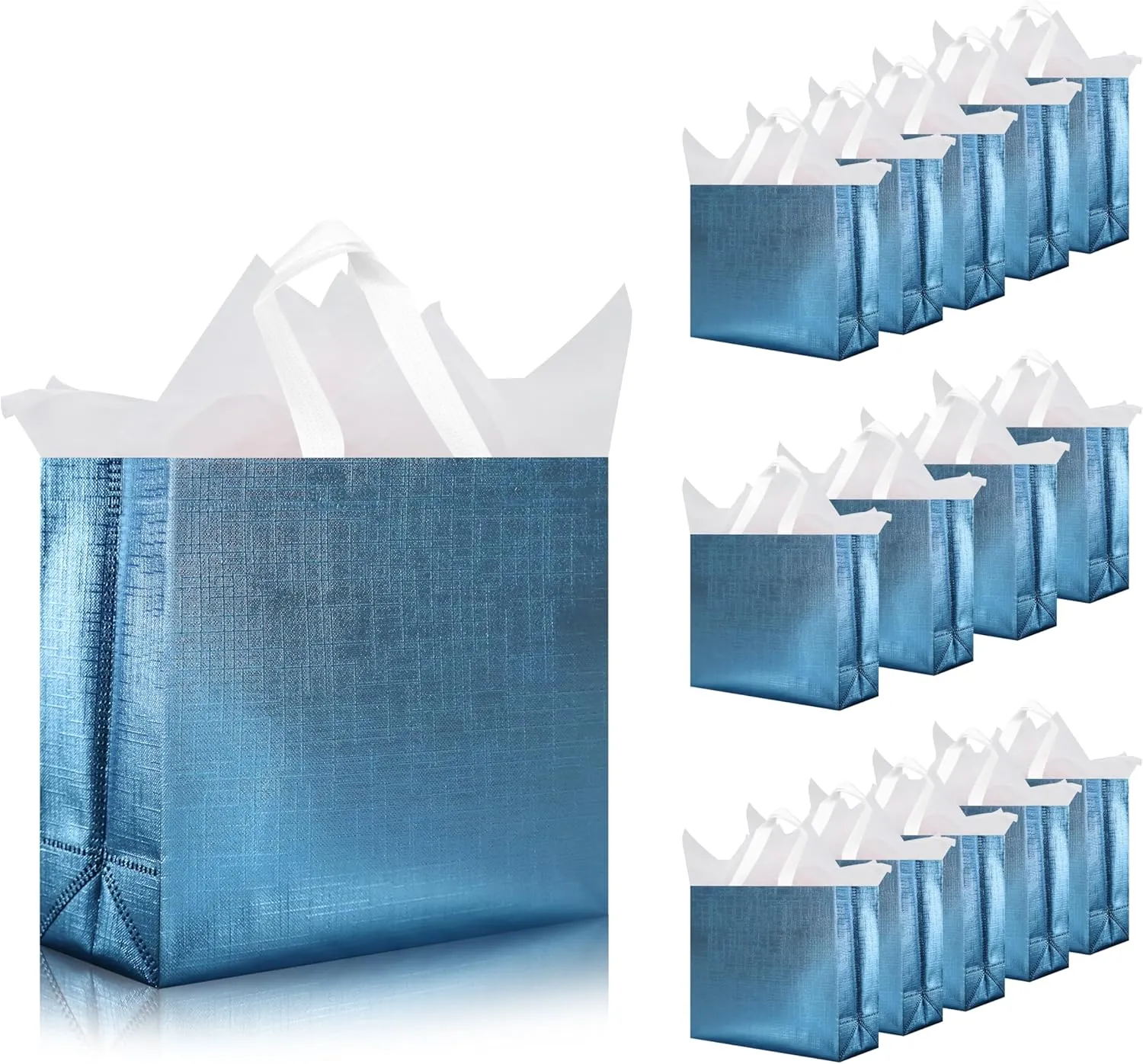 cabzymx 16 Pcs Blue Reusable Gift Bags, Metallic Bling Design Holiday Gift Bags with Handles & Bases, Non-woven Goodie Bag Bulk for Birthday, Wedding, Parties, Graduation- 12.6x4.7x11 In