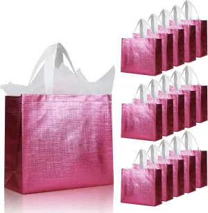 cabzymx 16 Pcs Pink Reusable Gift Bags, Metallic Bling Design Holiday Gift Bag with Handles & Bases, Non-woven Goodie Bag Bulk for Birthday, Wedding, Parties, Graduation- 12.6x4.7x11 In