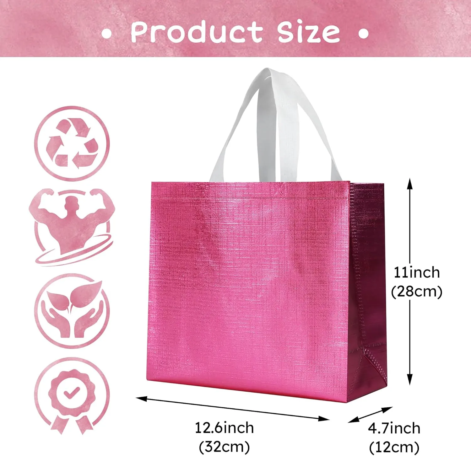 cabzymx 16 Pcs Pink Reusable Gift Bags, Metallic Bling Design Holiday Gift Bag with Handles & Bases, Non-woven Goodie Bag Bulk for Birthday, Wedding, Parties, Graduation- 12.6x4.7x11 In