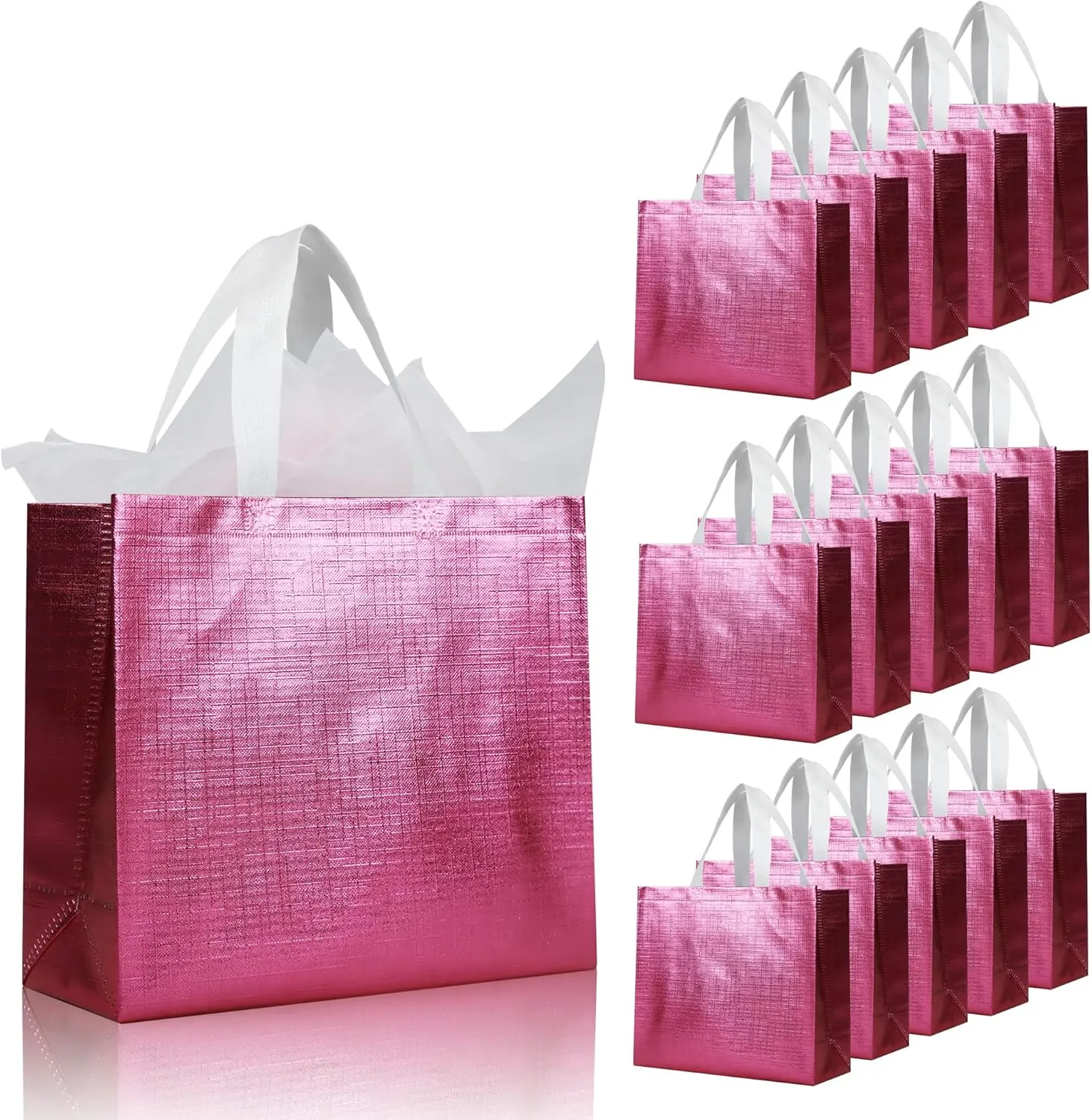 cabzymx 16 Pcs Pink Reusable Gift Bags, Metallic Bling Design Holiday Gift Bag with Handles & Bases, Non-woven Goodie Bag Bulk for Birthday, Wedding, Parties, Graduation- 12.6x4.7x11 In