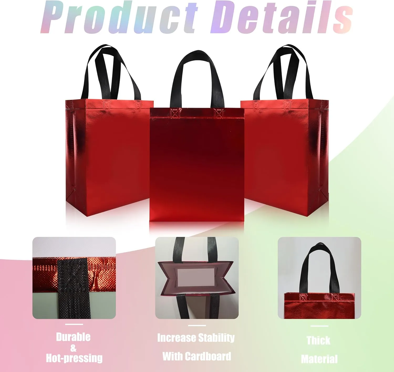 cabzymx Glossy Red Small Gift Bags 18 Pcs, Non-woven Holiday Treat Bags with Sturdy Base, 8x 3.9 x 9.8 In Reusable Goodie Bag Bulk for Birthday, Wedding, Easter, Party