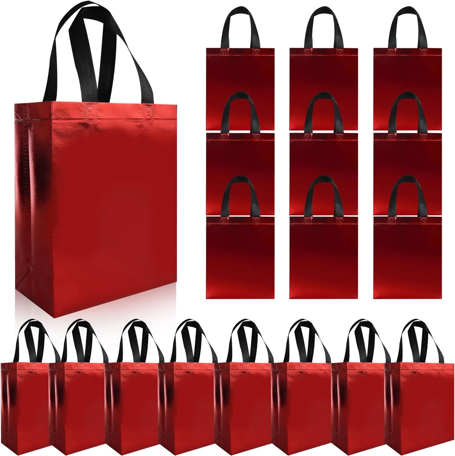 cabzymx Glossy Red Small Gift Bags 18 Pcs, Non-woven Holiday Treat Bags with Sturdy Base, 8x 3.9 x 9.8 In Reusable Goodie Bag Bulk for Birthday, Wedding, Easter, Party