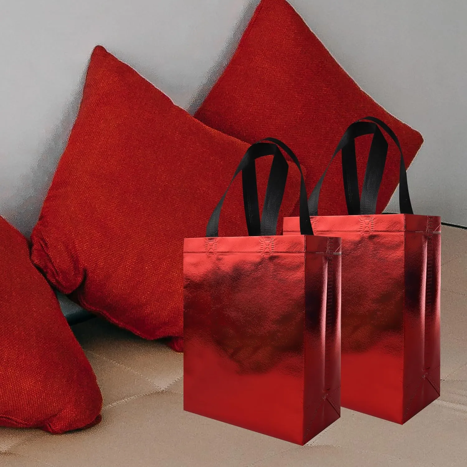cabzymx Glossy Red Small Gift Bags 18 Pcs, Non-woven Holiday Treat Bags with Sturdy Base, 8x 3.9 x 9.8 In Reusable Goodie Bag Bulk for Birthday, Wedding, Easter, Party