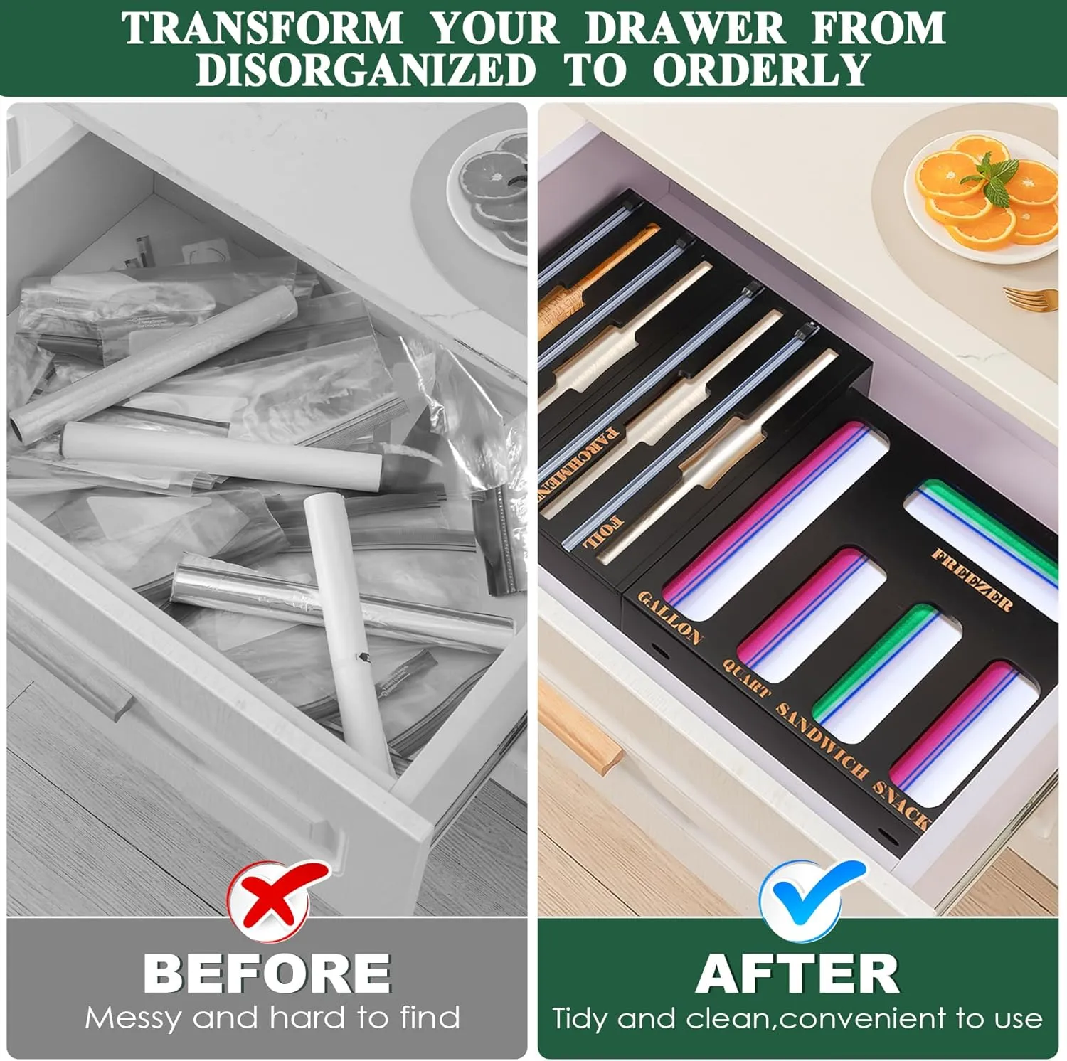 Calmbee Storage Bag Organizer and Wrap Dispenser with Cutter, 2024 New 9 IN 1 Bamboo Foil and Plastic Wrap Organizer for Kitchen Drawer (Black)…