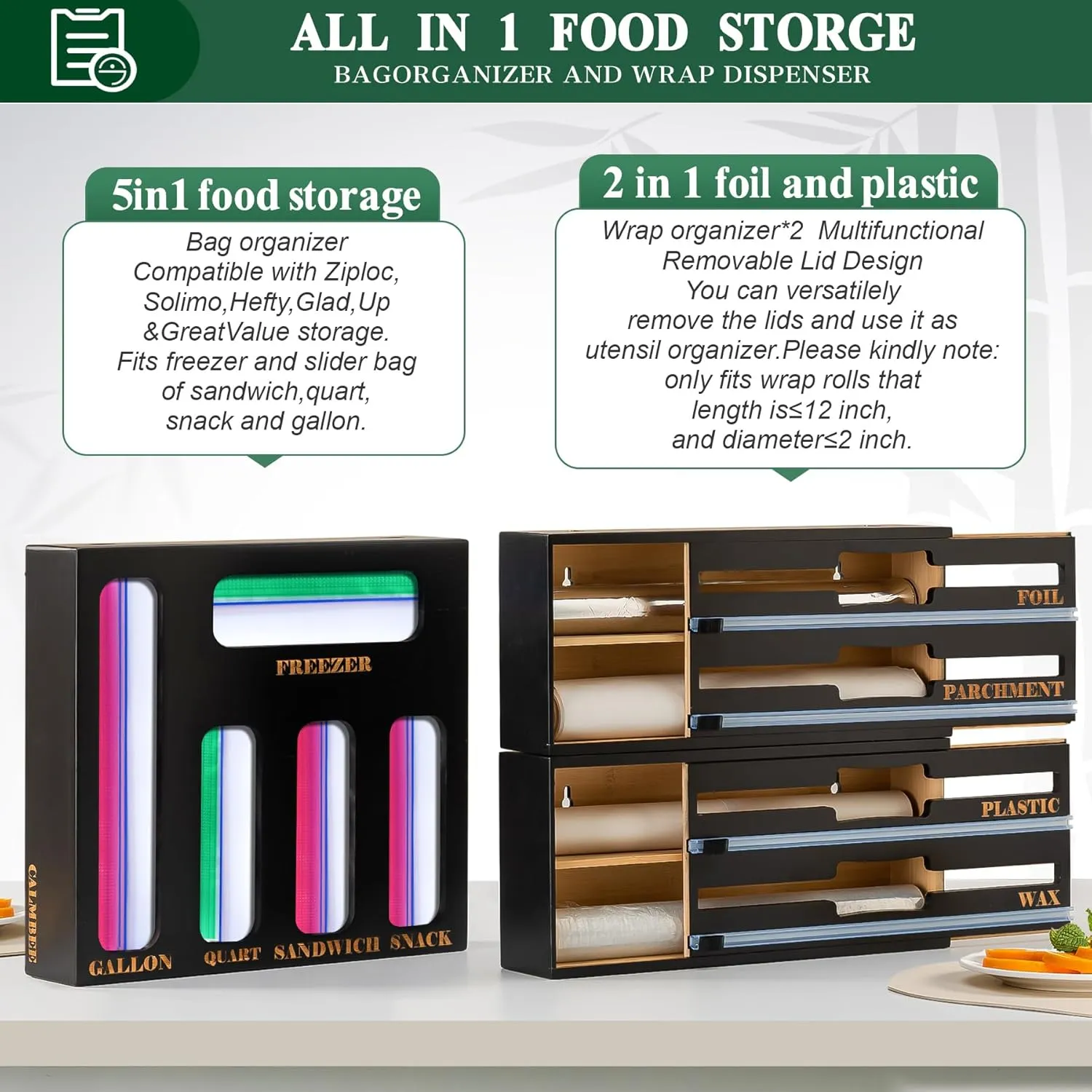Calmbee Storage Bag Organizer and Wrap Dispenser with Cutter, 2024 New 9 IN 1 Bamboo Foil and Plastic Wrap Organizer for Kitchen Drawer (Black)…