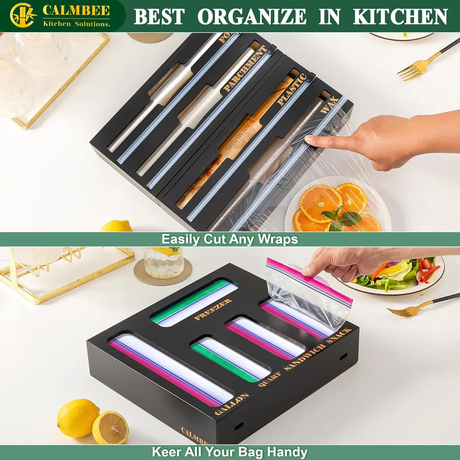 Calmbee Storage Bag Organizer and Wrap Dispenser with Cutter, 2024 New 9 IN 1 Bamboo Foil and Plastic Wrap Organizer for Kitchen Drawer (Black)…