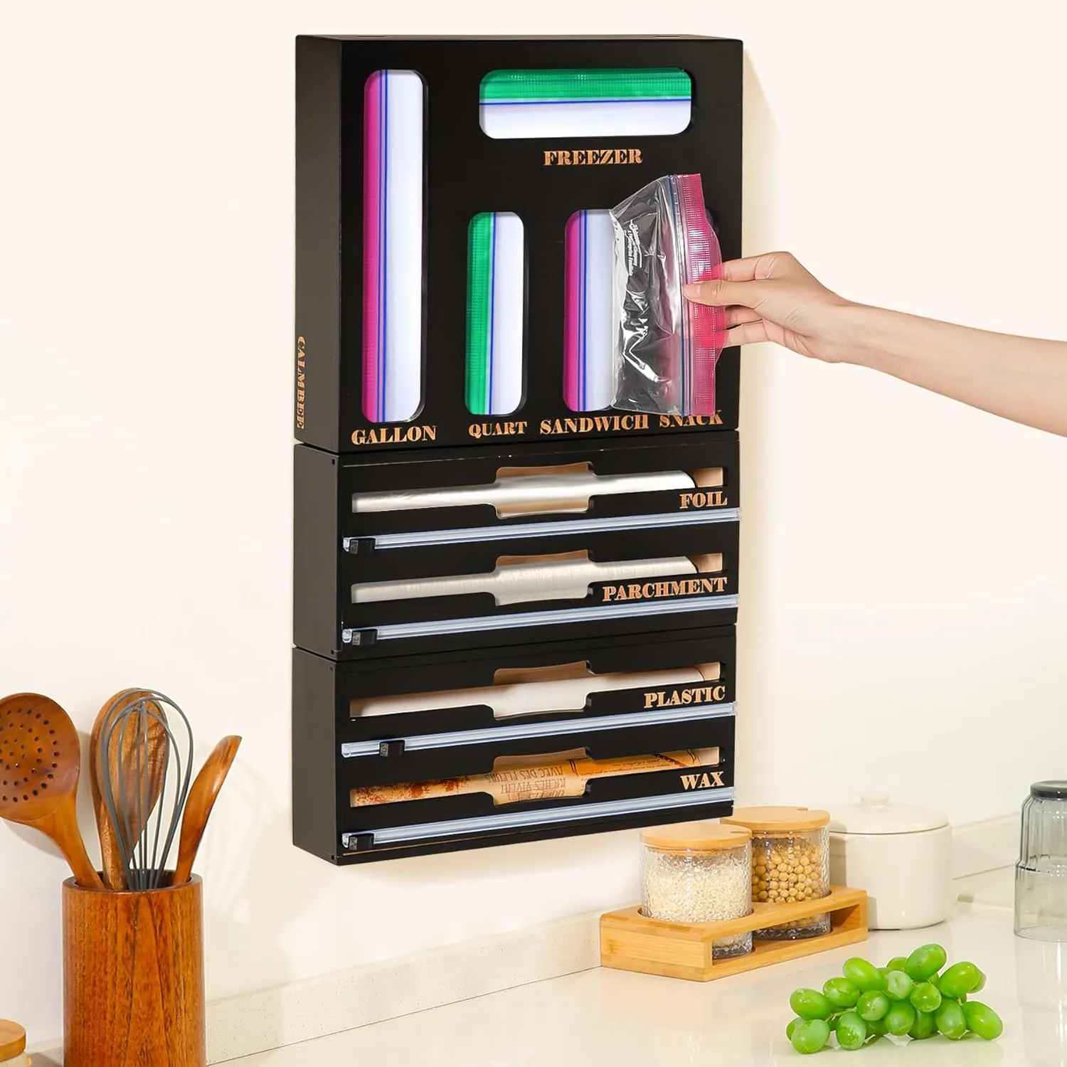 Calmbee Storage Bag Organizer and Wrap Dispenser with Cutter, 2024 New 9 IN 1 Bamboo Foil and Plastic Wrap Organizer for Kitchen Drawer (Black)…