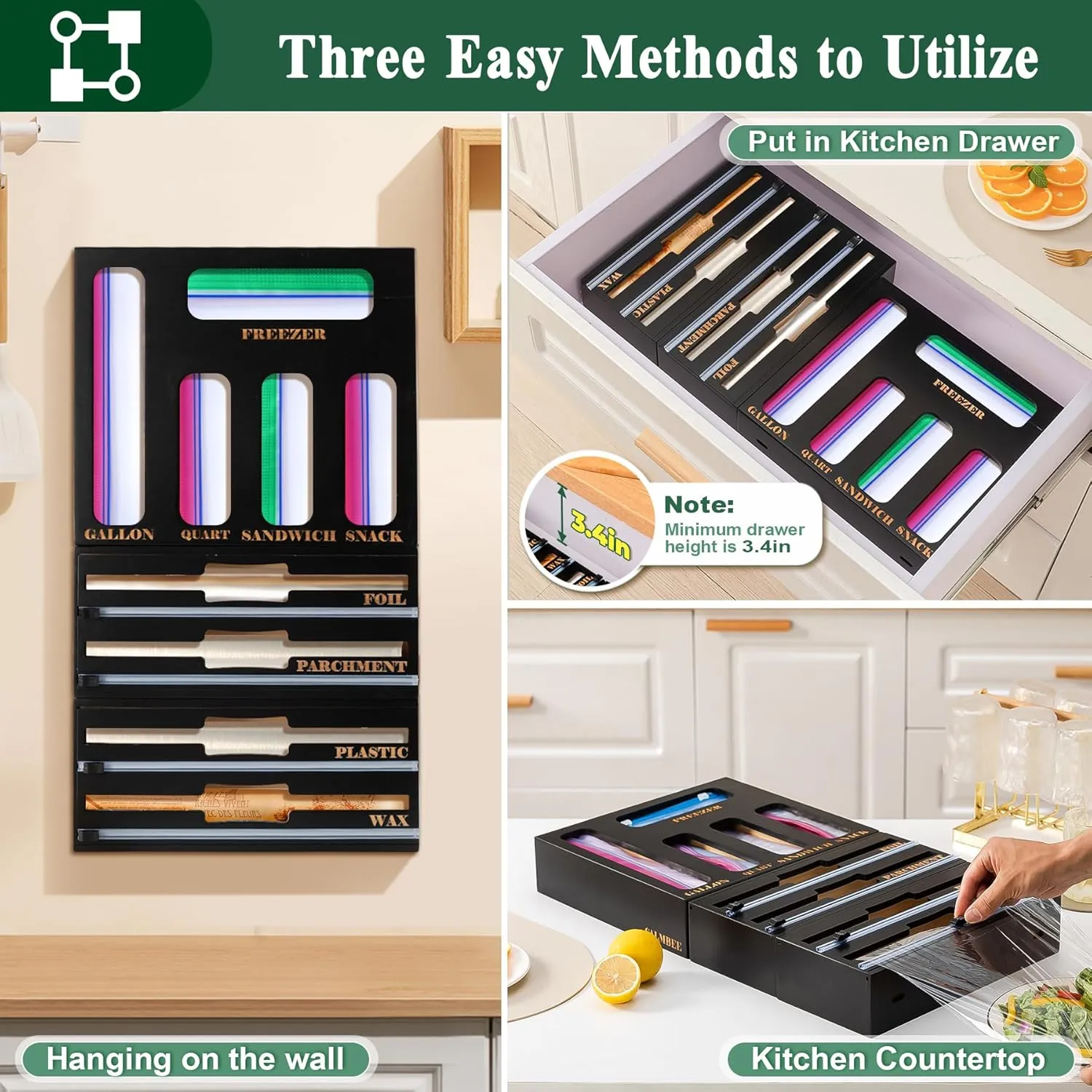 Calmbee Storage Bag Organizer and Wrap Dispenser with Cutter, 2024 New 9 IN 1 Bamboo Foil and Plastic Wrap Organizer for Kitchen Drawer (Black)…