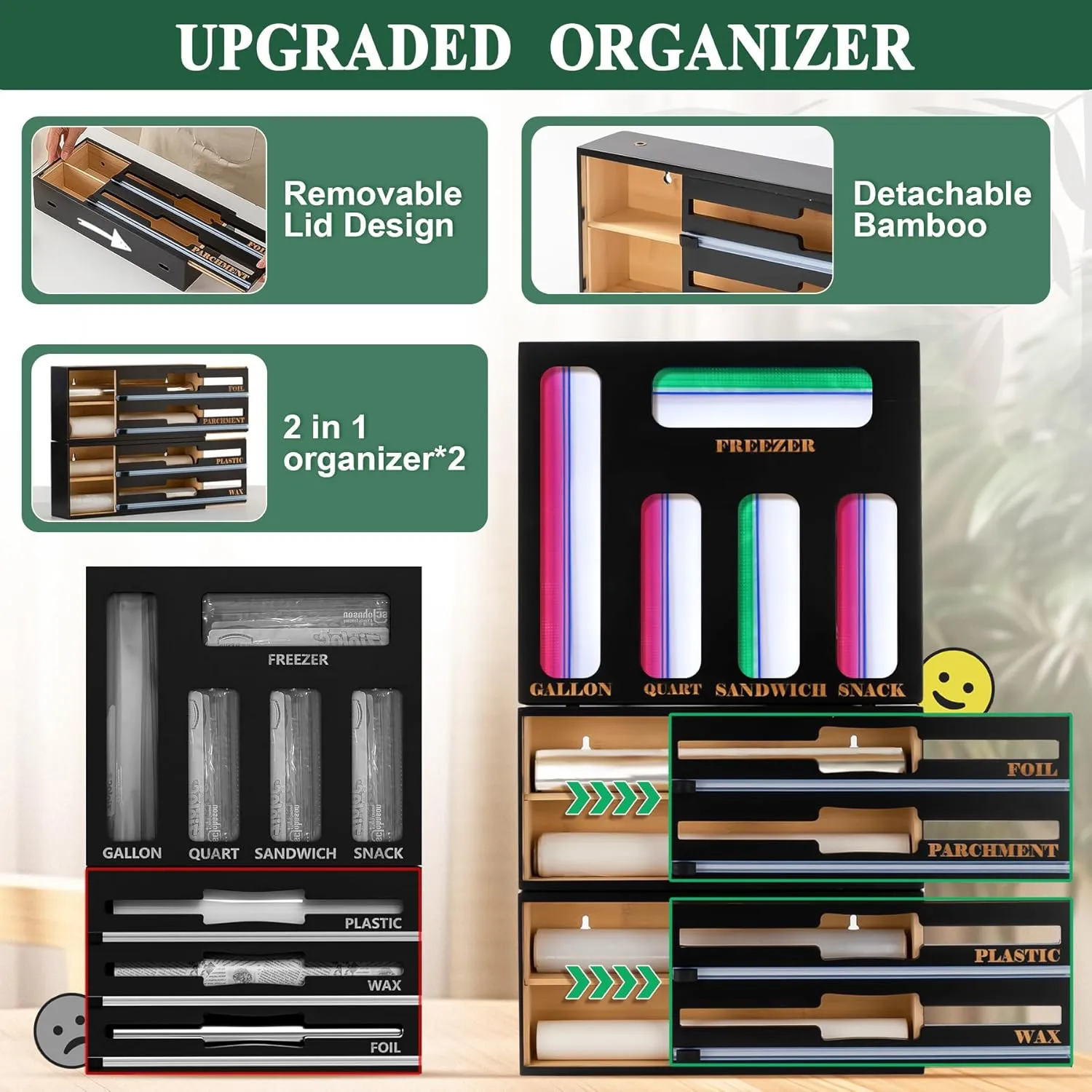Calmbee Storage Bag Organizer and Wrap Dispenser with Cutter, 2024 New 9 IN 1 Bamboo Foil and Plastic Wrap Organizer for Kitchen Drawer (Black)…