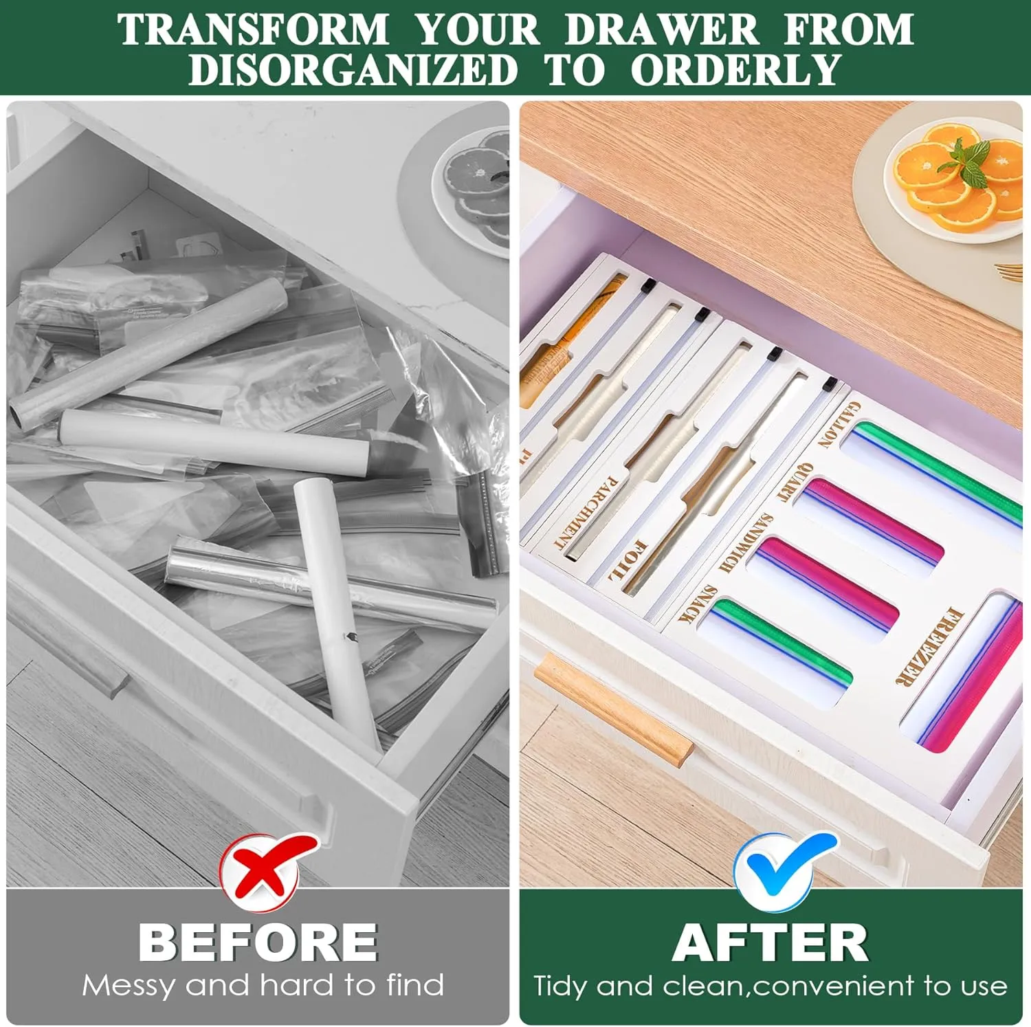 Calmbee Storage Bag Organizer and Wrap Dispenser with Cutter, 9 in 1 Bamboo Foil and Plastic Wrap Organizer for Kitchen Drawer, Plastic Bag Organizer for Gallon, Quart, Sandwich (White, Large)